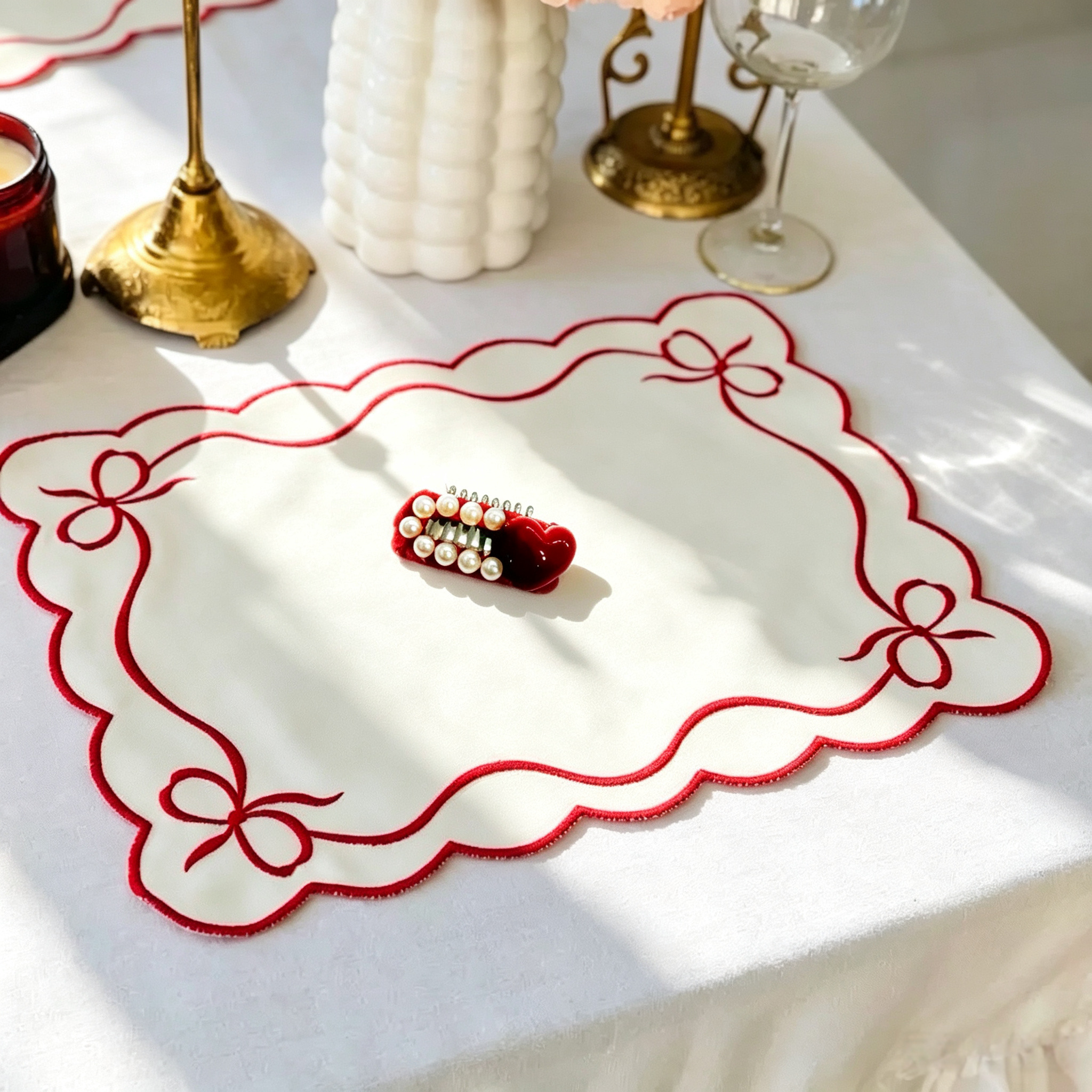 Elegant Pearl Red Heart Handmade Pet Hair Clips