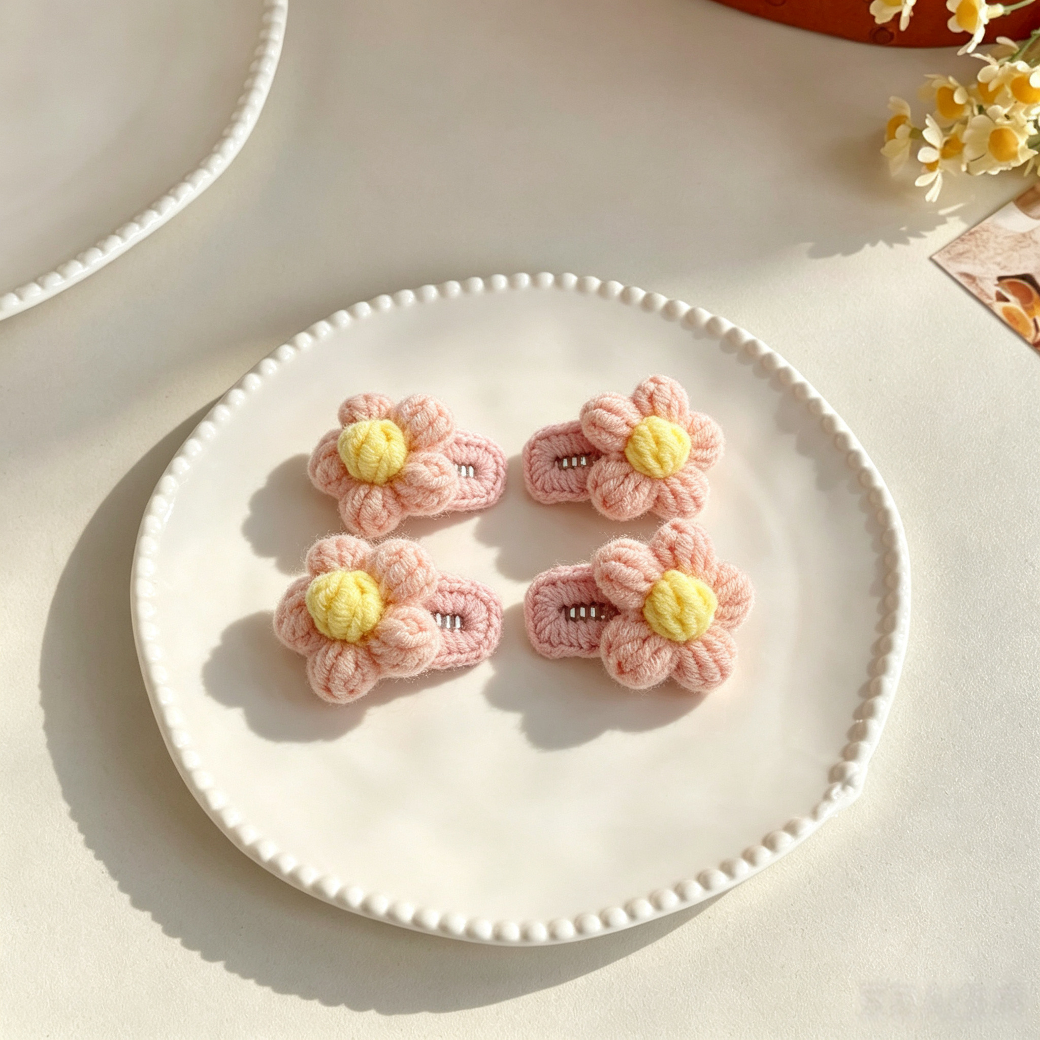 2pcs Pink Flower Hand Crochet Flower Yarn Mini Pet Hair Clips