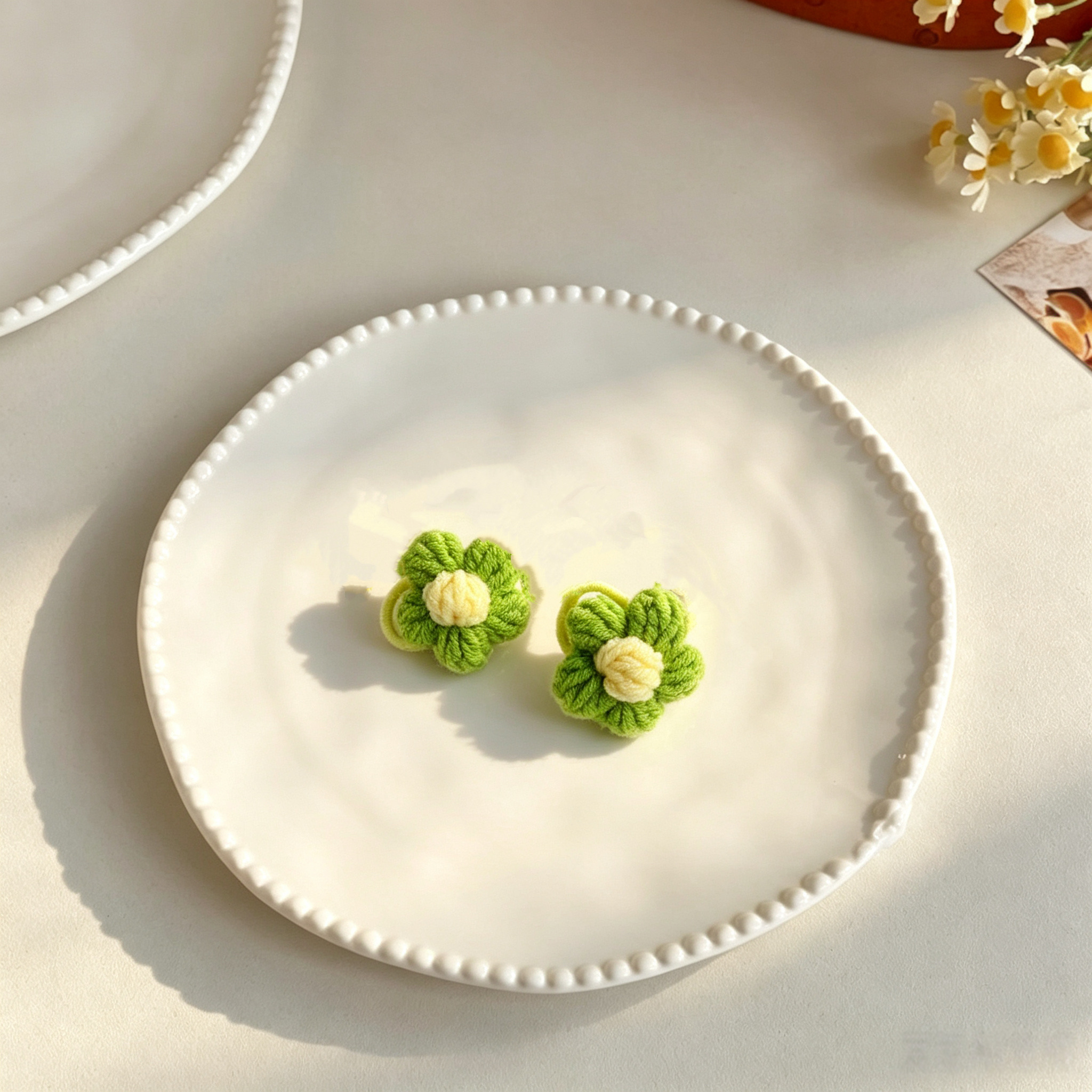 Green Flower Hand Crochet Flower Yarn Mini Pet Hair Bands