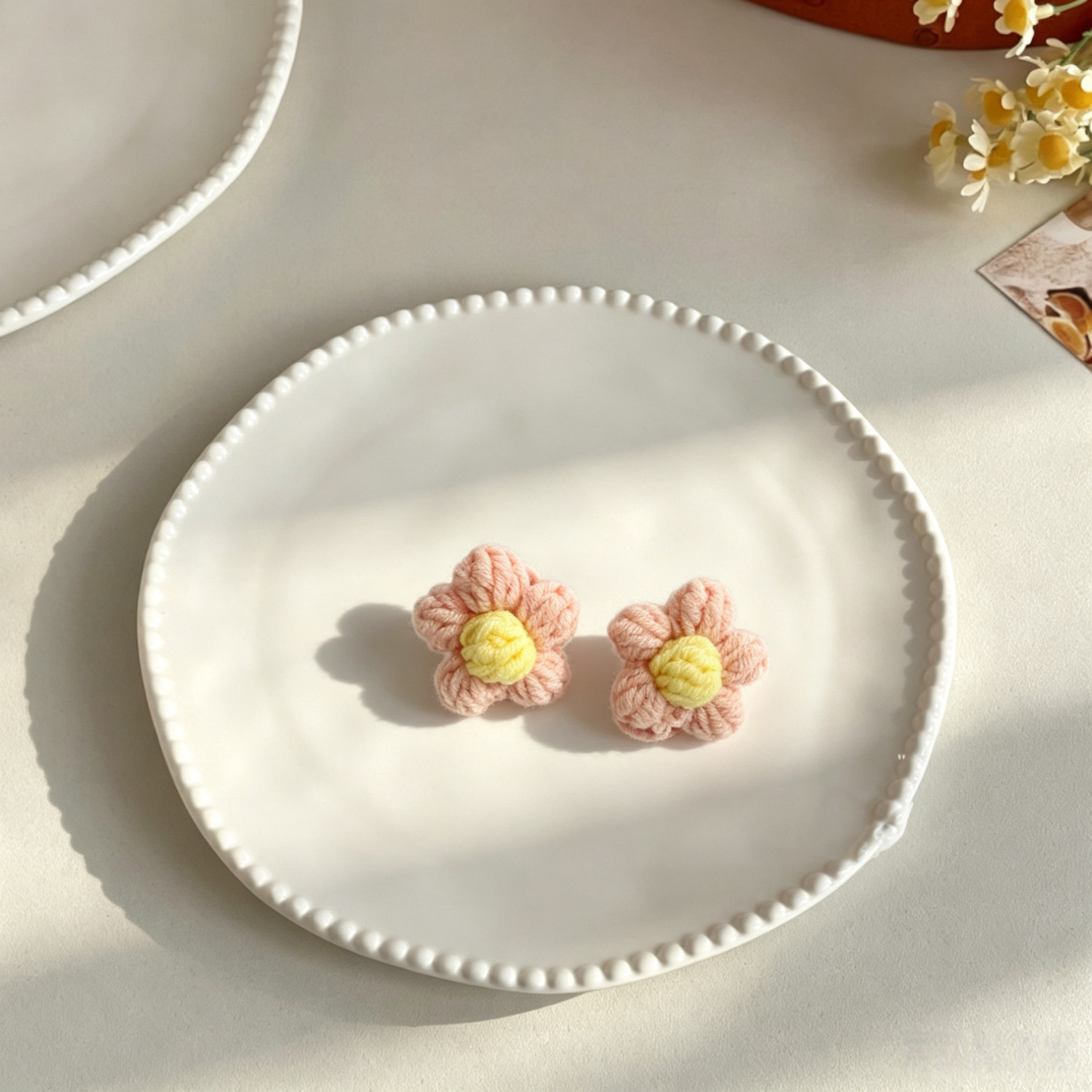 Pink Flower Hand Crochet Flower Yarn Mini Pet Hair Bands