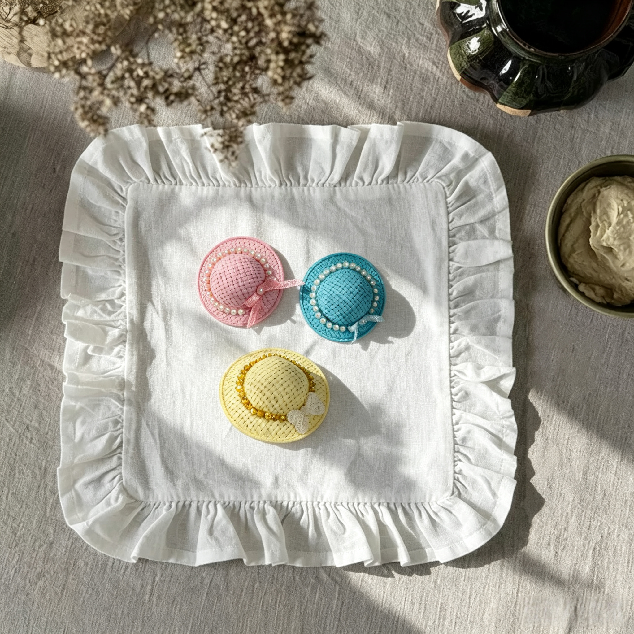 Mini Straw Hat Pearl Pet Hair Clips