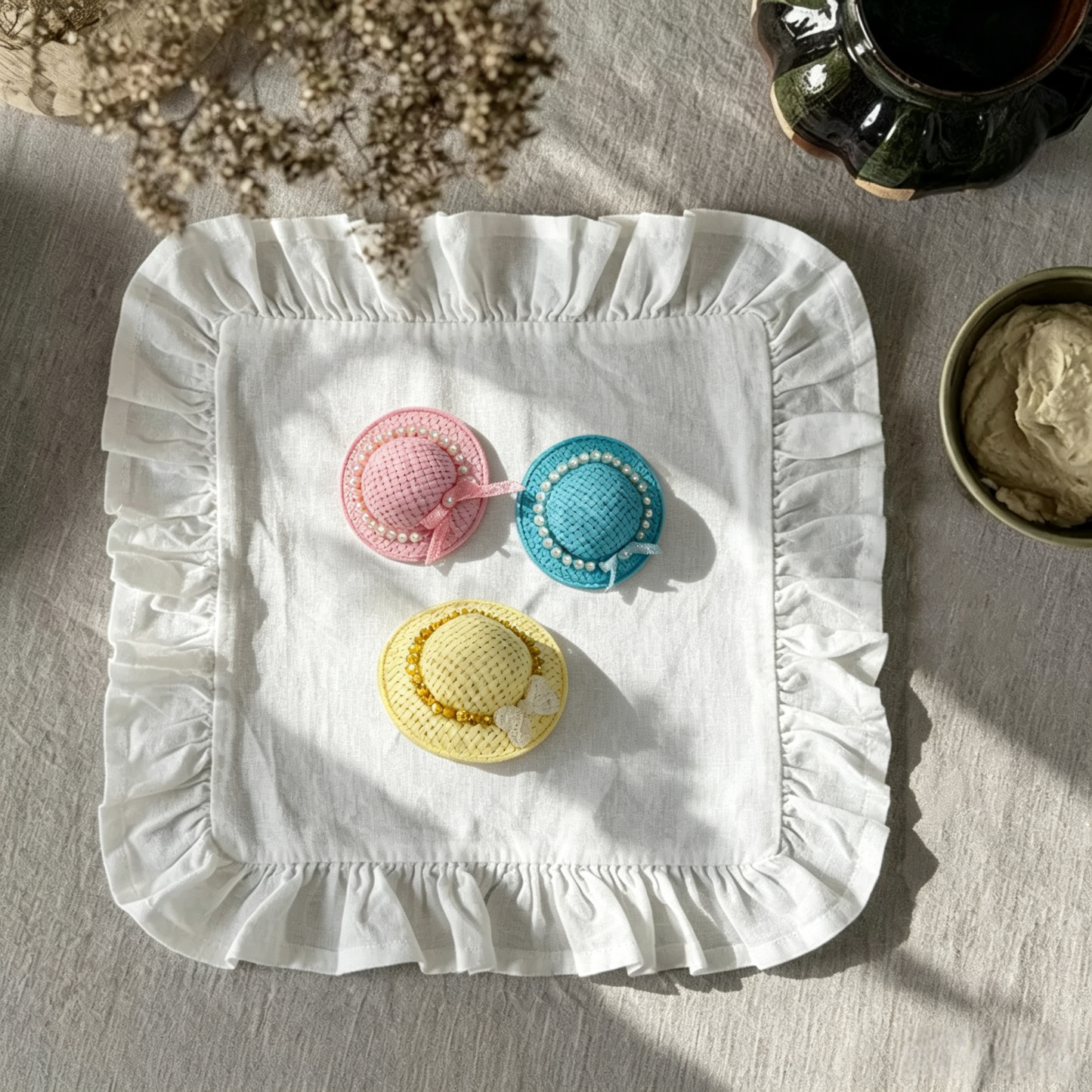 Mini Straw Hat Pearl Pet Hair Clips