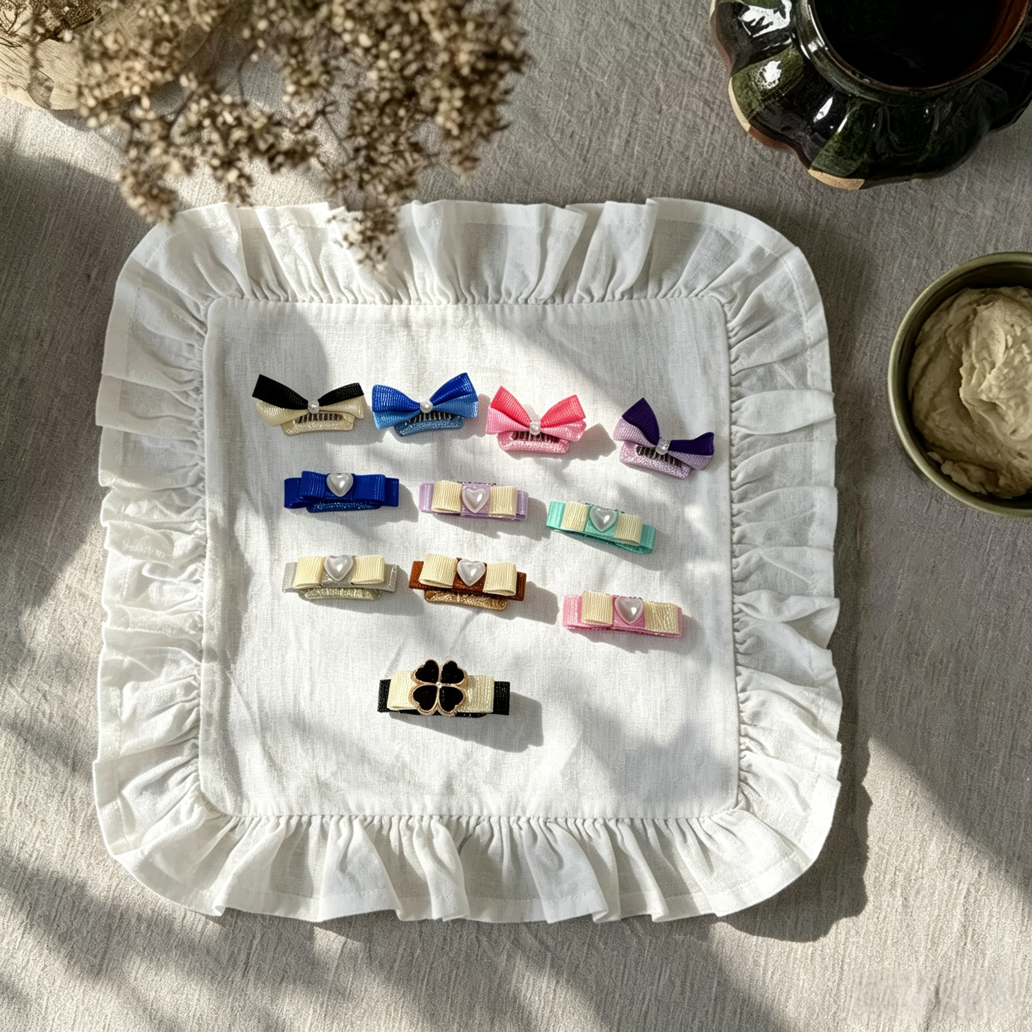 Multi-Style Heart & Clover Ribbon Pet Hair Clips