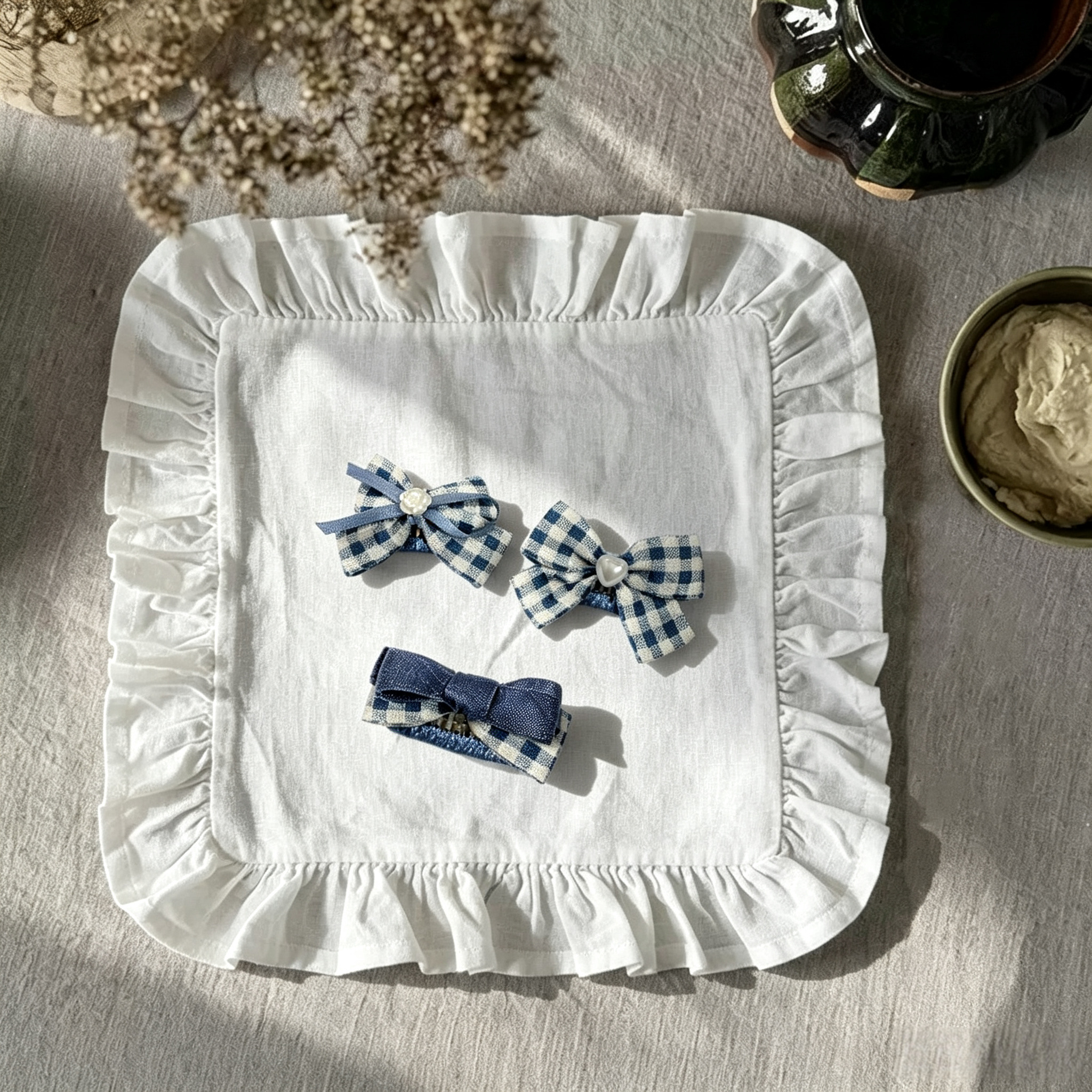 Navy Blue Gingham Plaid Bow Pet Hair Clips