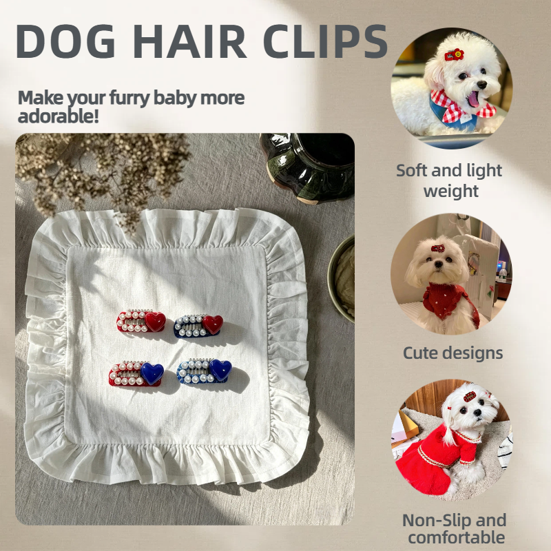 Red & Blue Heart Pearl Pet Hair Clips