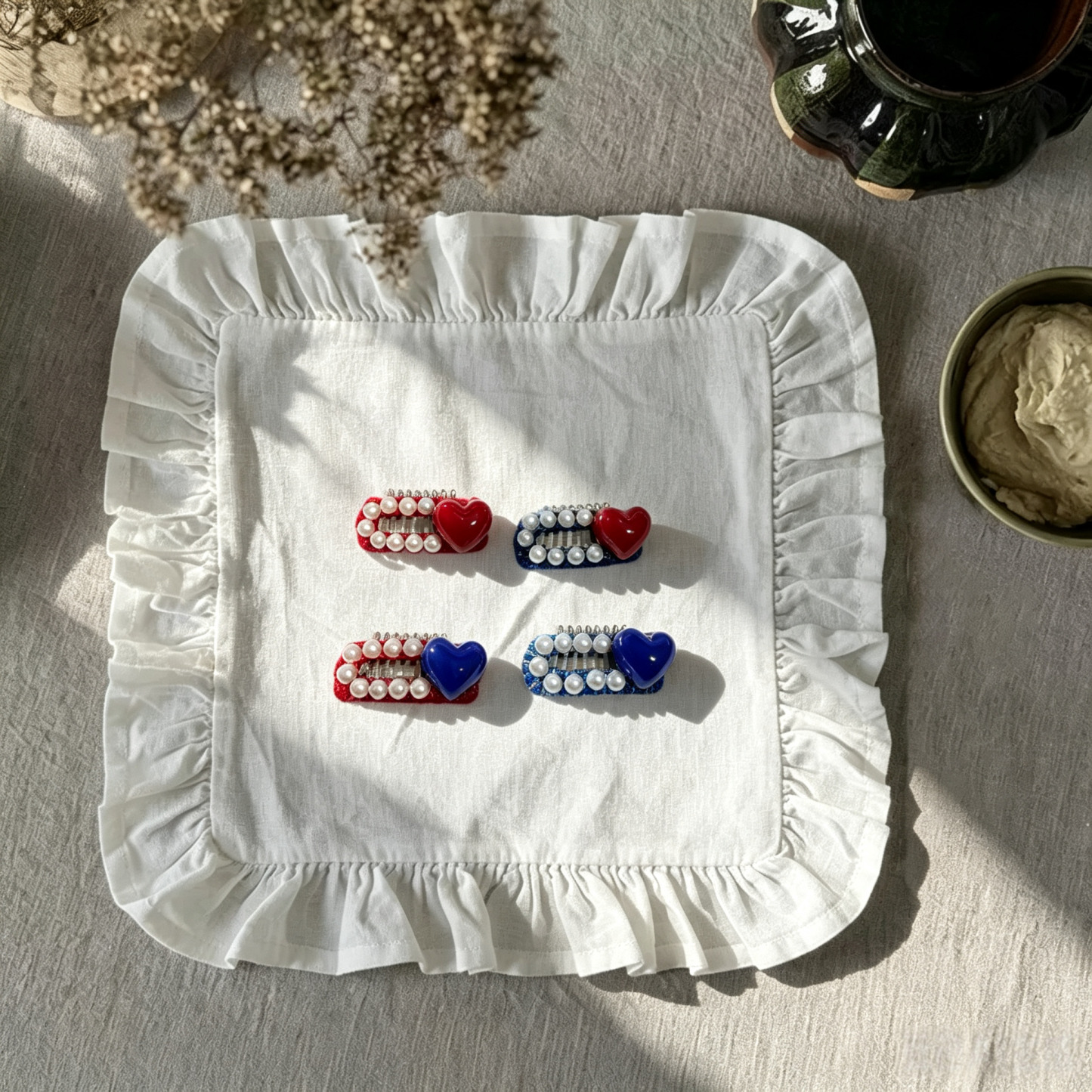 Red & Blue Heart Pearl Pet Hair Clips
