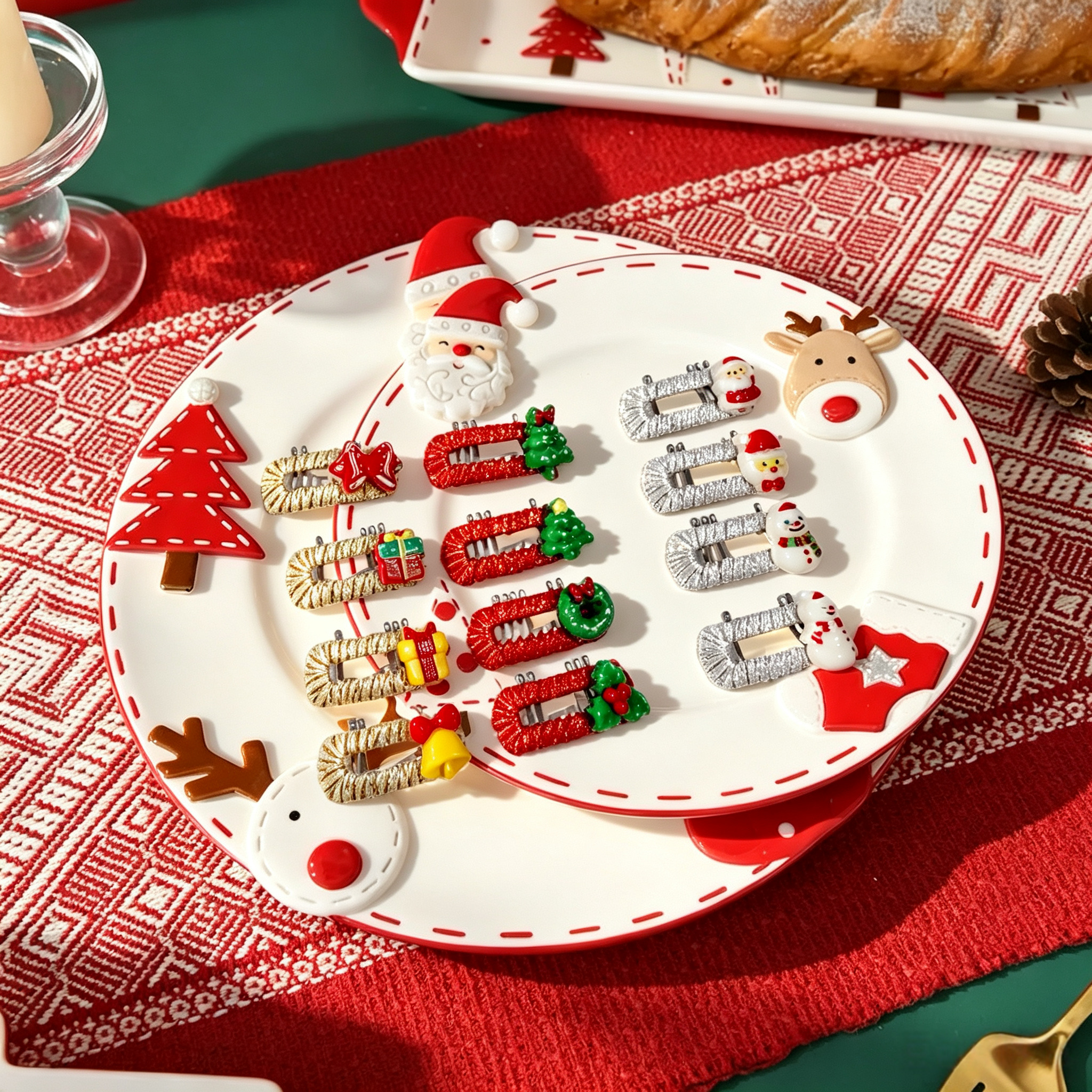 12pcs Christmas Cute Santa Reindeer Tree Gift Pet Hair Clips
