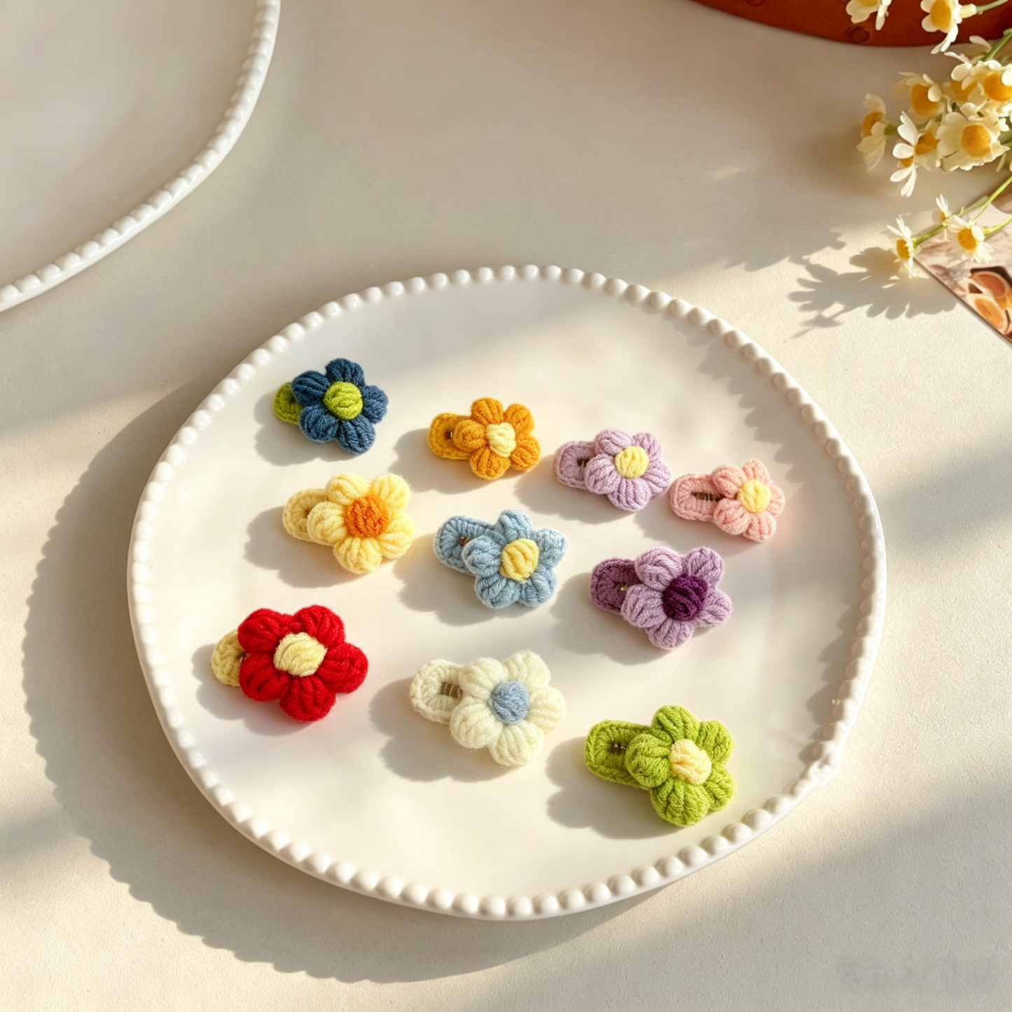 Hand Crochet Flower Yarn Mini Pet Hair Clips