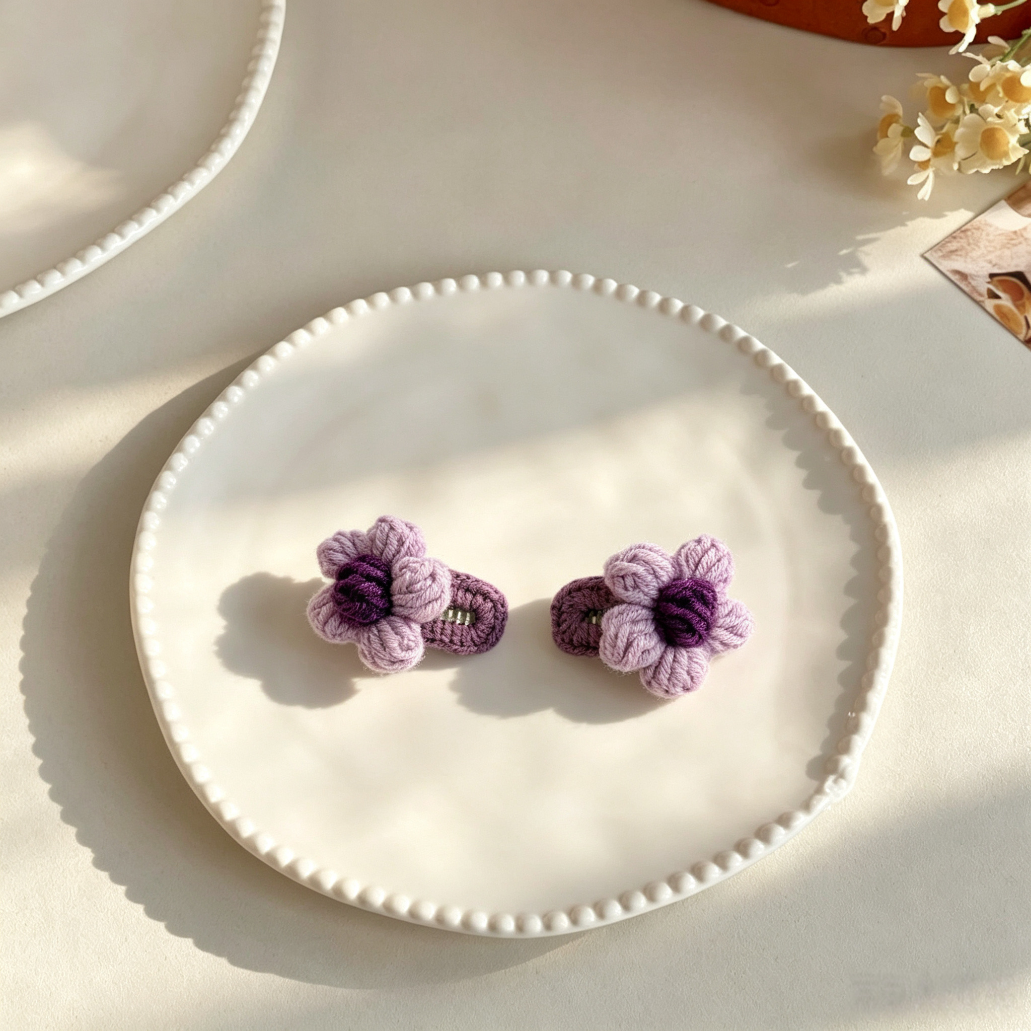 2pcs Purple Flower Hand Crochet Flower Yarn Mini Pet Hair Clips