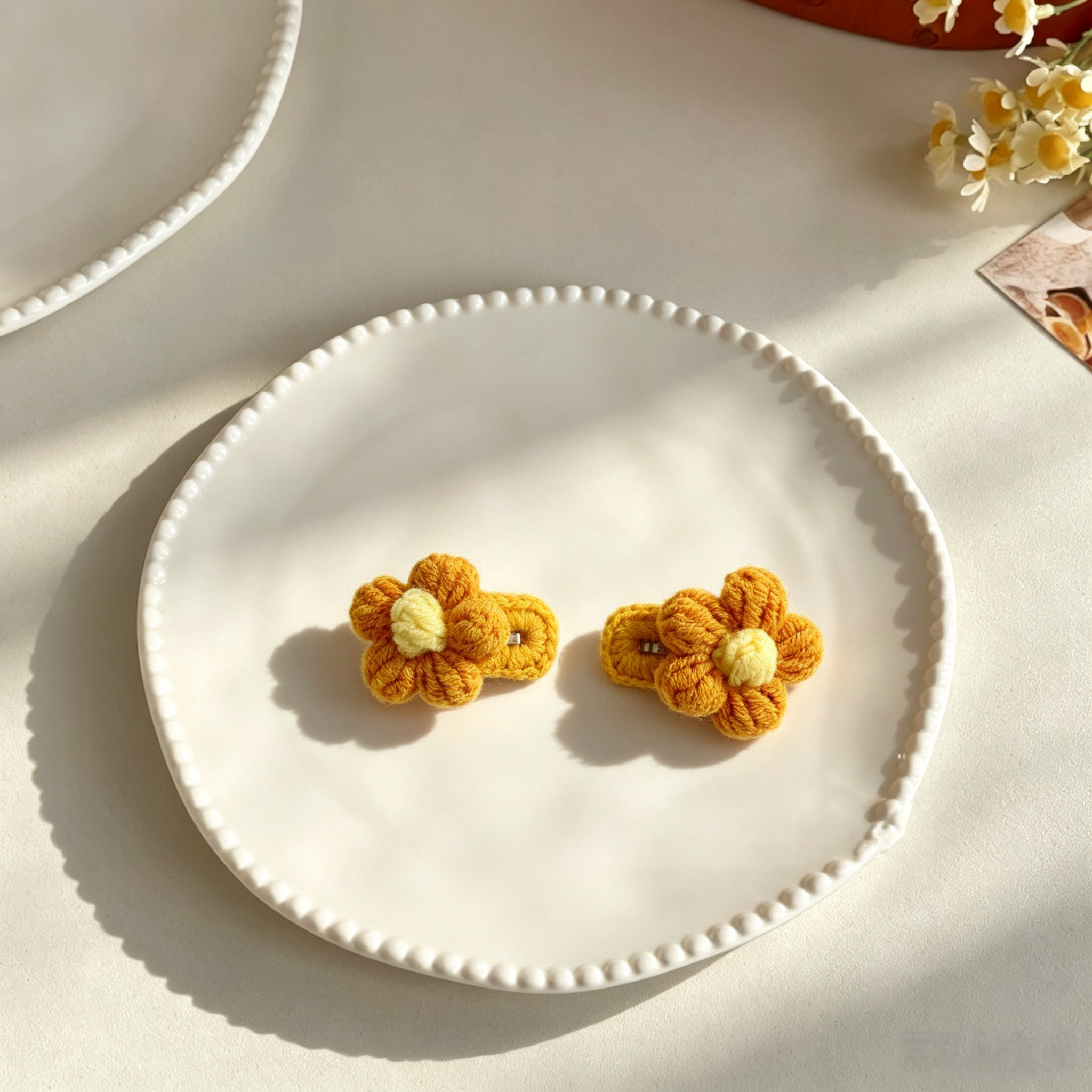 2pcs Yellow Flower Hand Crochet Flower Yarn Mini Pet Hair Clips