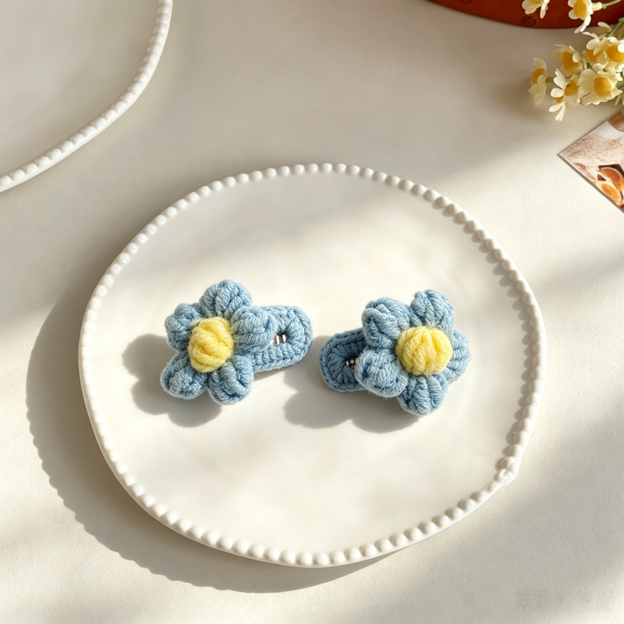 2pcs Blue Flower Hand Crochet Flower Yarn Mini Pet Hair Clips
