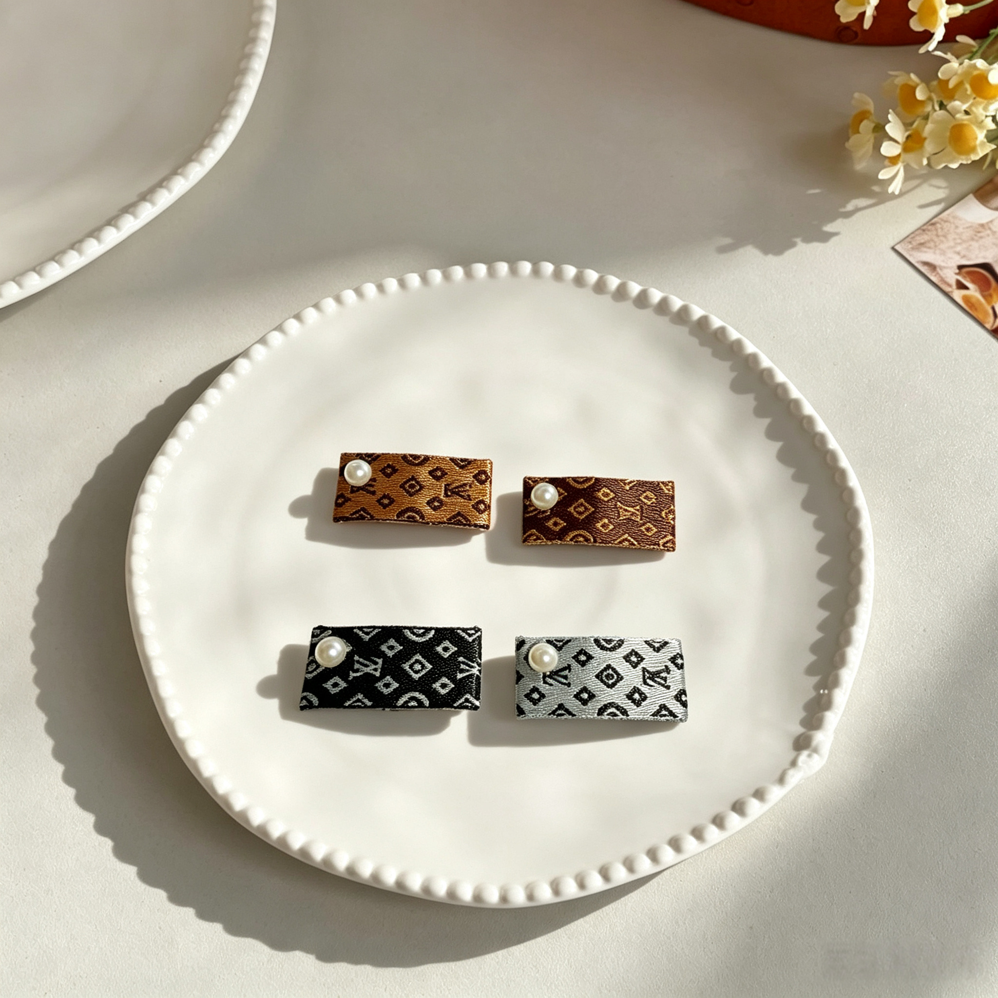 Luxury Stripe Ribbon Pearl Pet Hair Clips