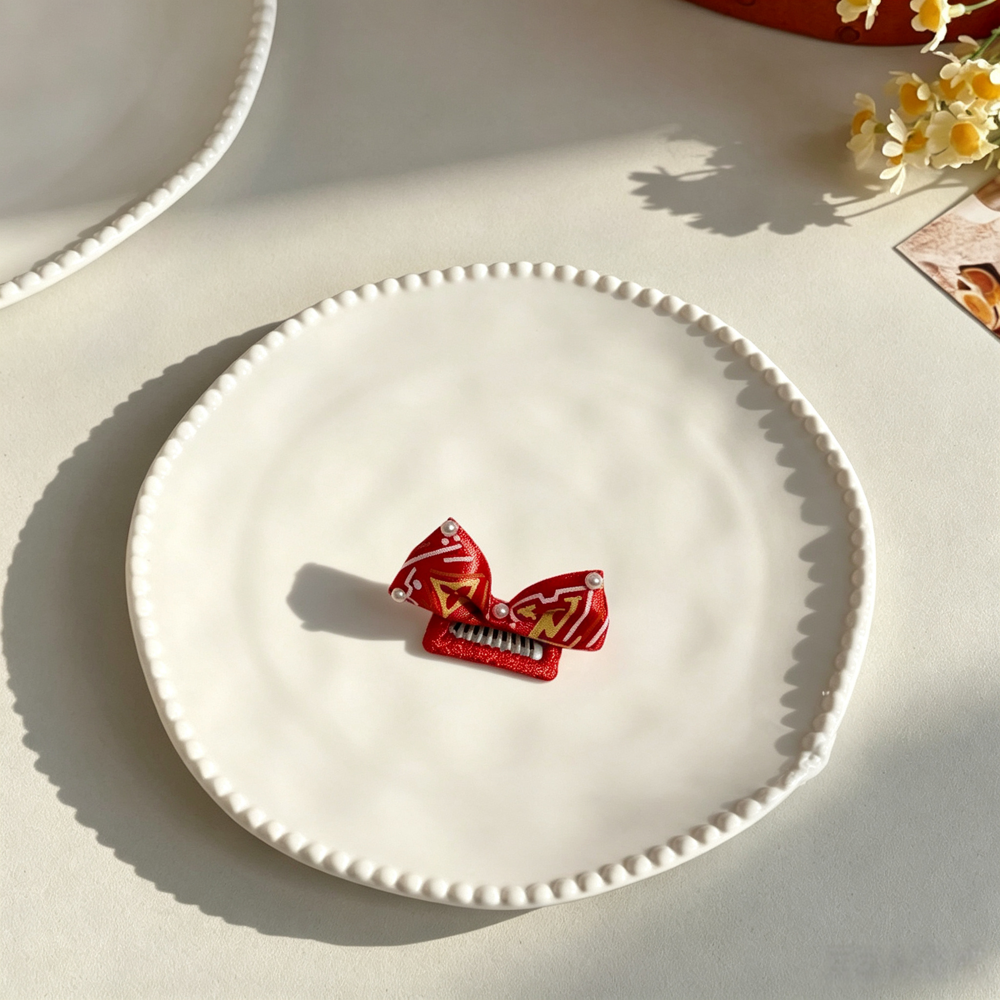 New Year Red Gold Bow Pearl Pet Hair Clips