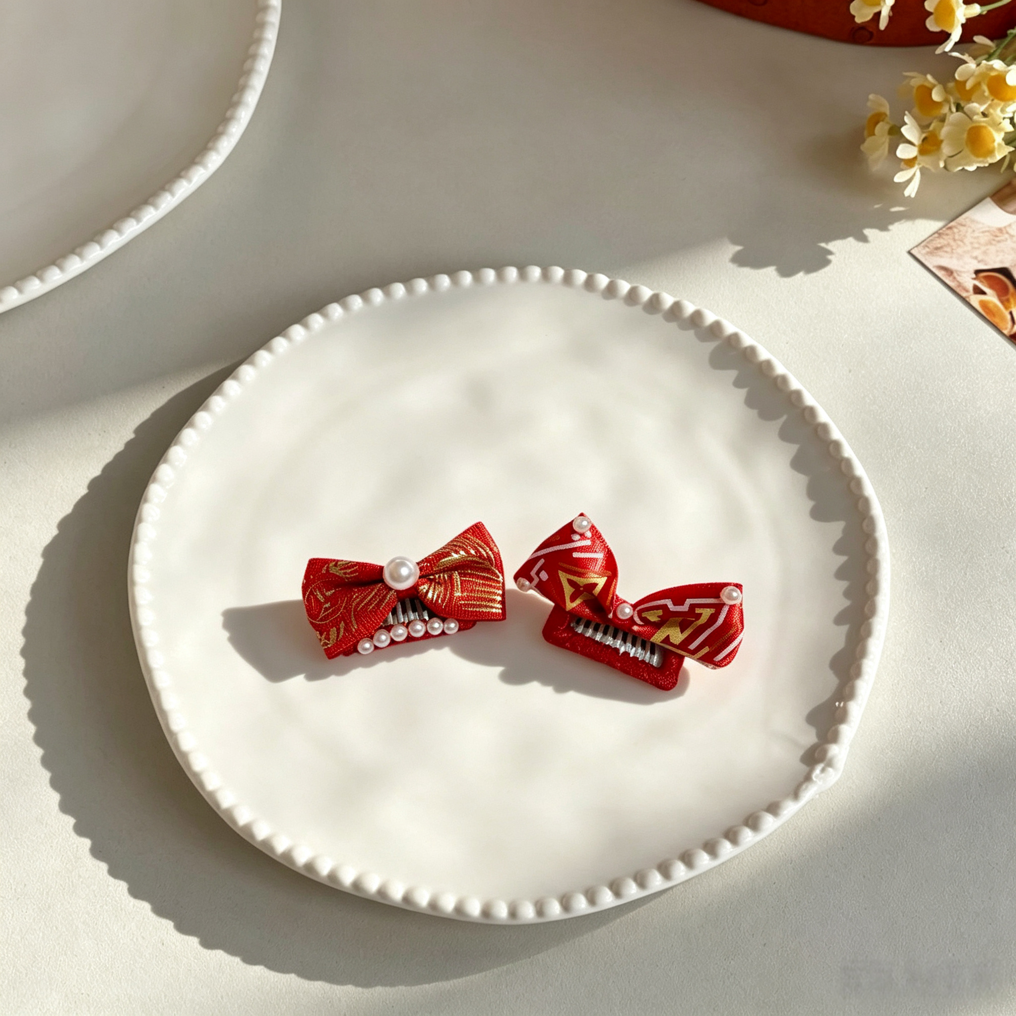 New Year Red Gold Bow Pearl Pet Hair Clips