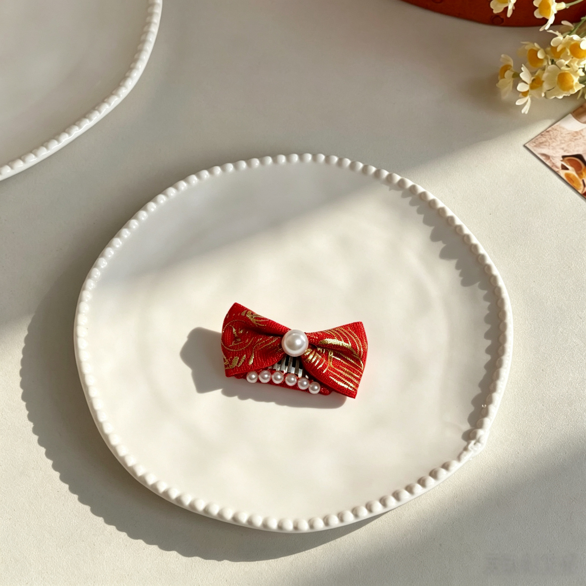 New Year Red Gold Bow Pearl Pet Hair Clips