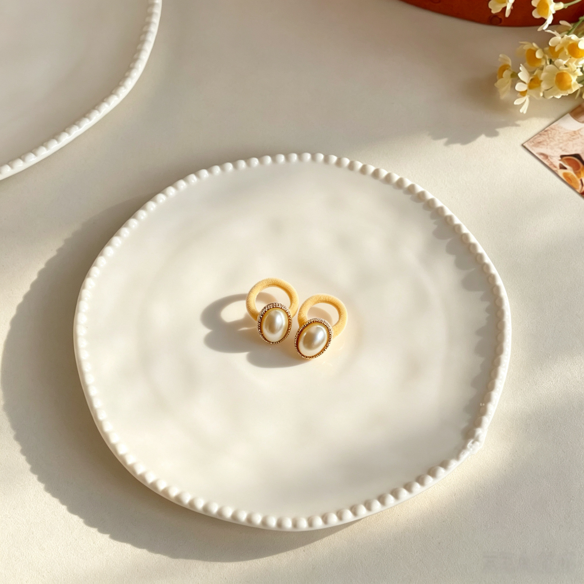 Cream White  Pearl Fabric Elastic Pet Hair Bands