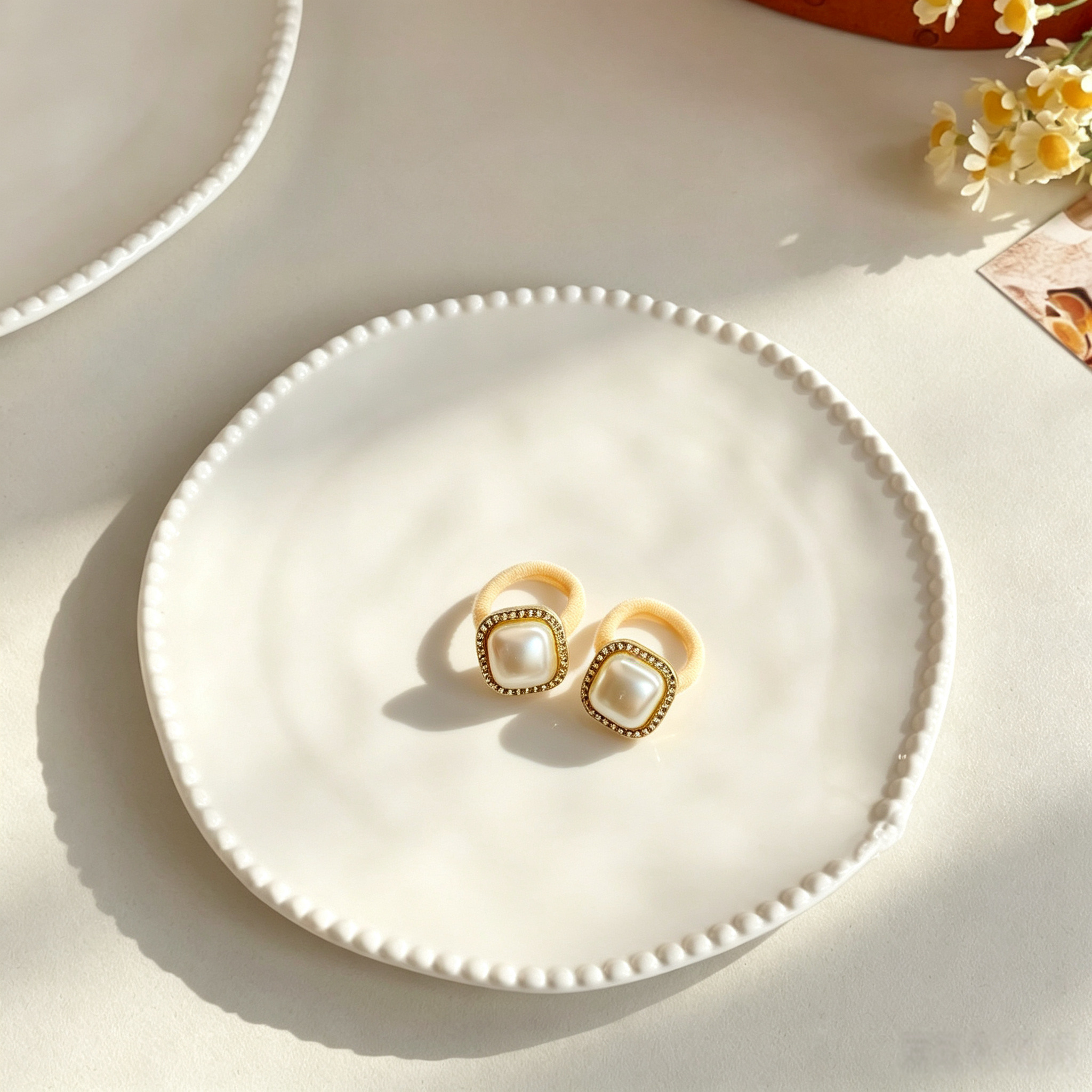 Cream White Square Pearl Fabric Elastic Pet Hair Bands
