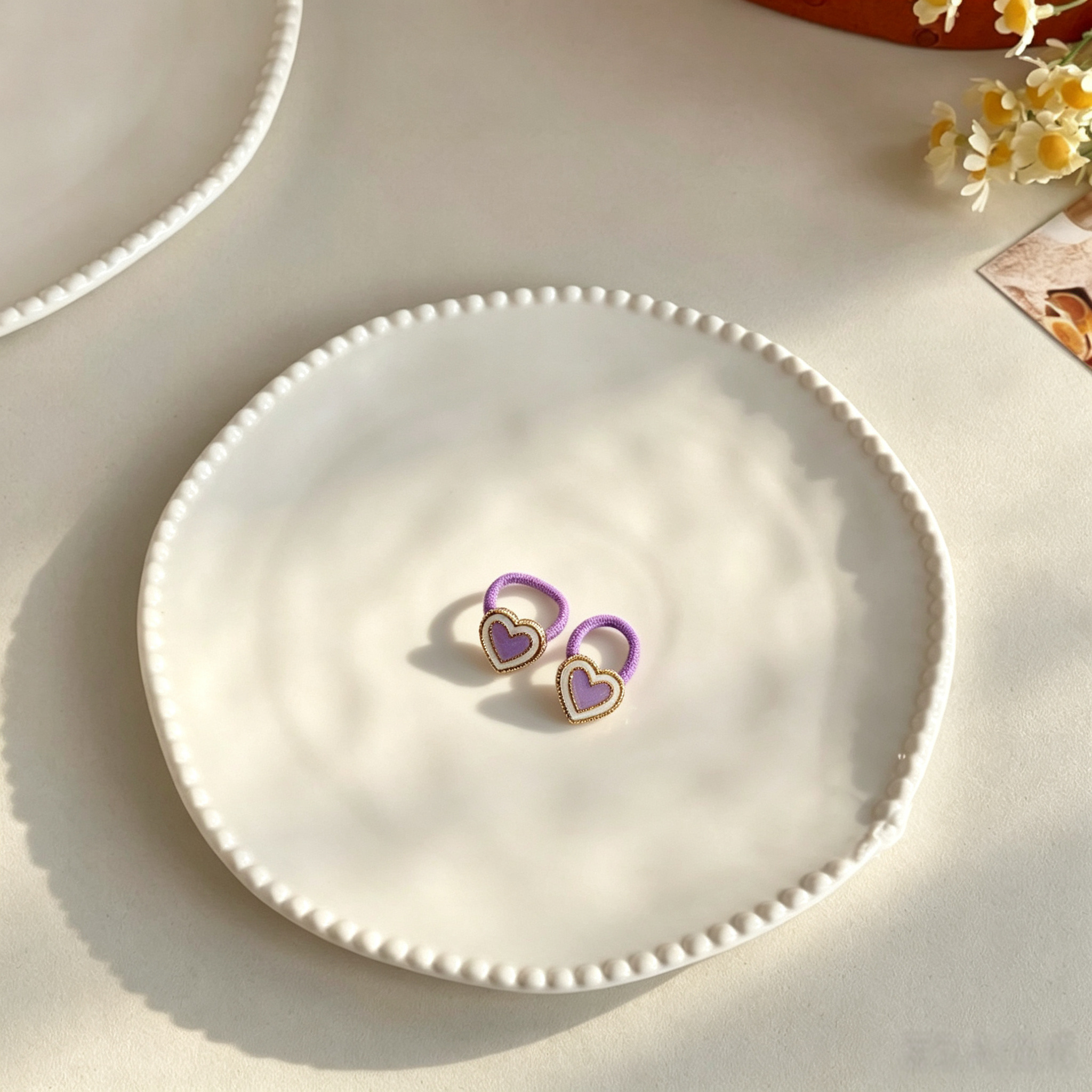 Purple Resin Heart Fabric Elastic Pet Hair Bands