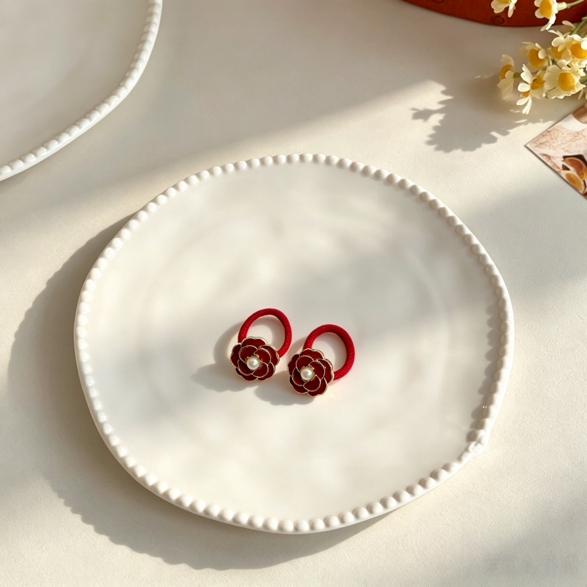 Red Camellia Fabric Bow Elastic Pet Hair Bands