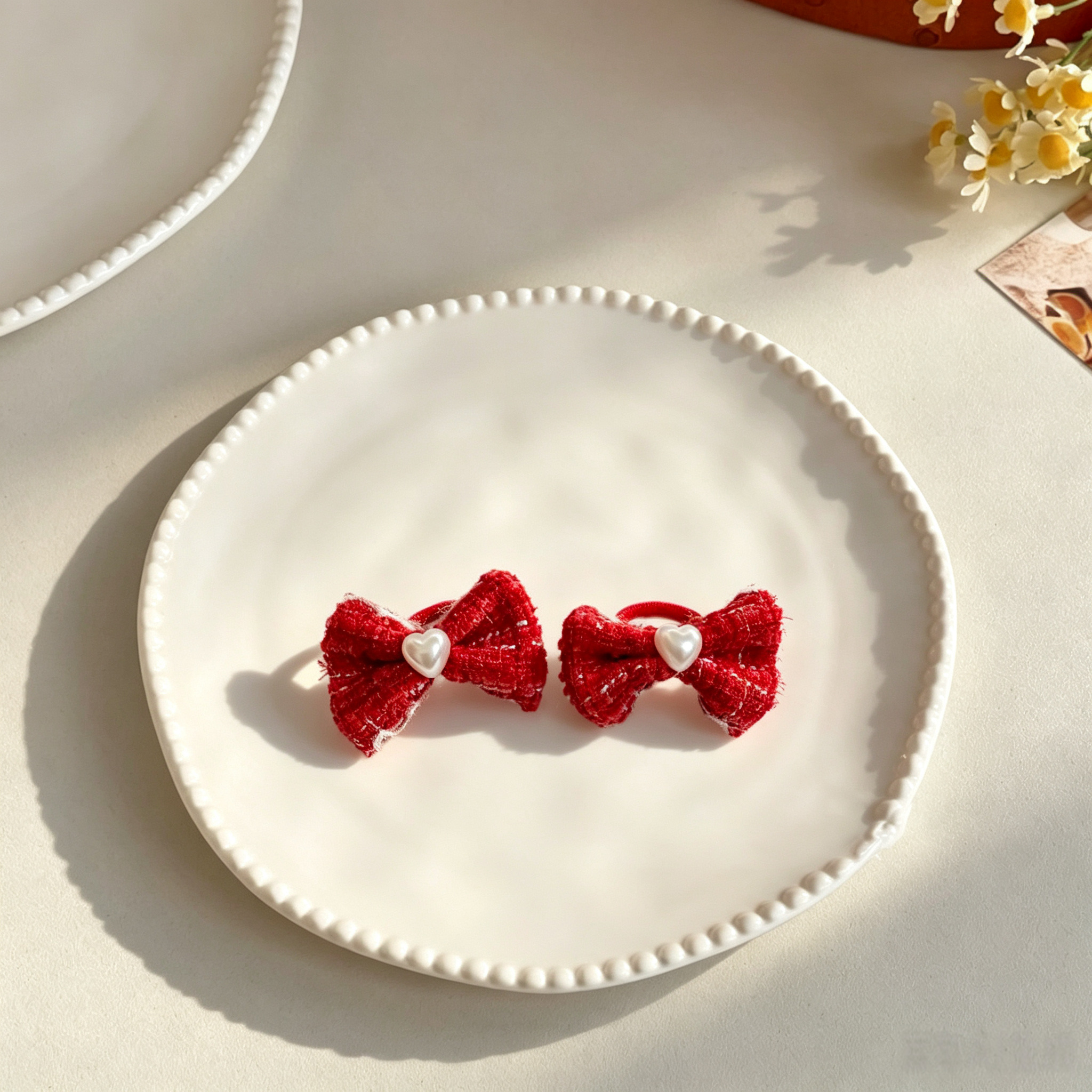 Red Camellia Fabric Bow Elastic Pet Hair Bands