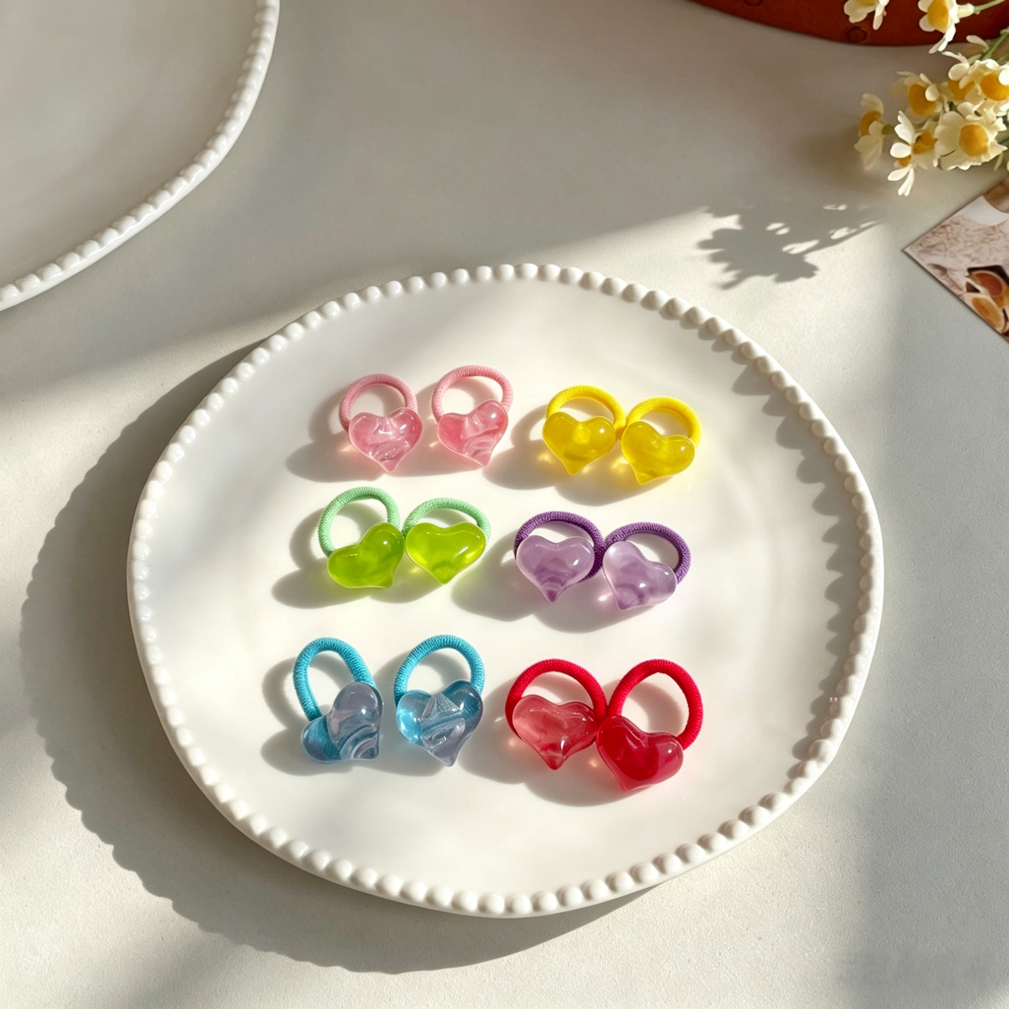 6pairs Night Light Heart Shape Fabric Elastic Pet Hair Bands