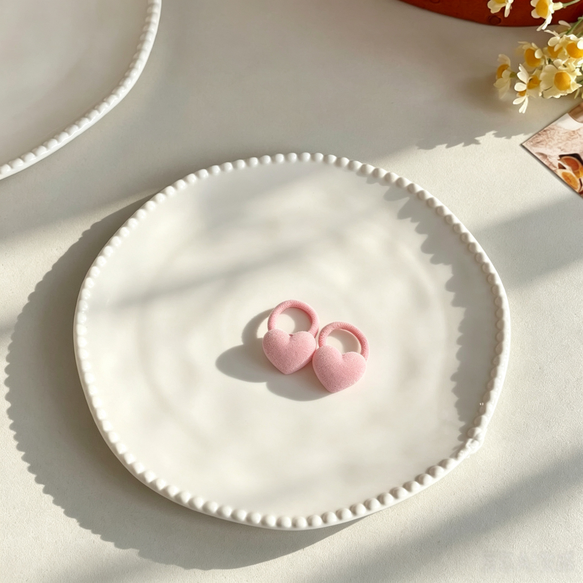 Pink  Flocking Heart Fabric Elastic Pet Hair Bands