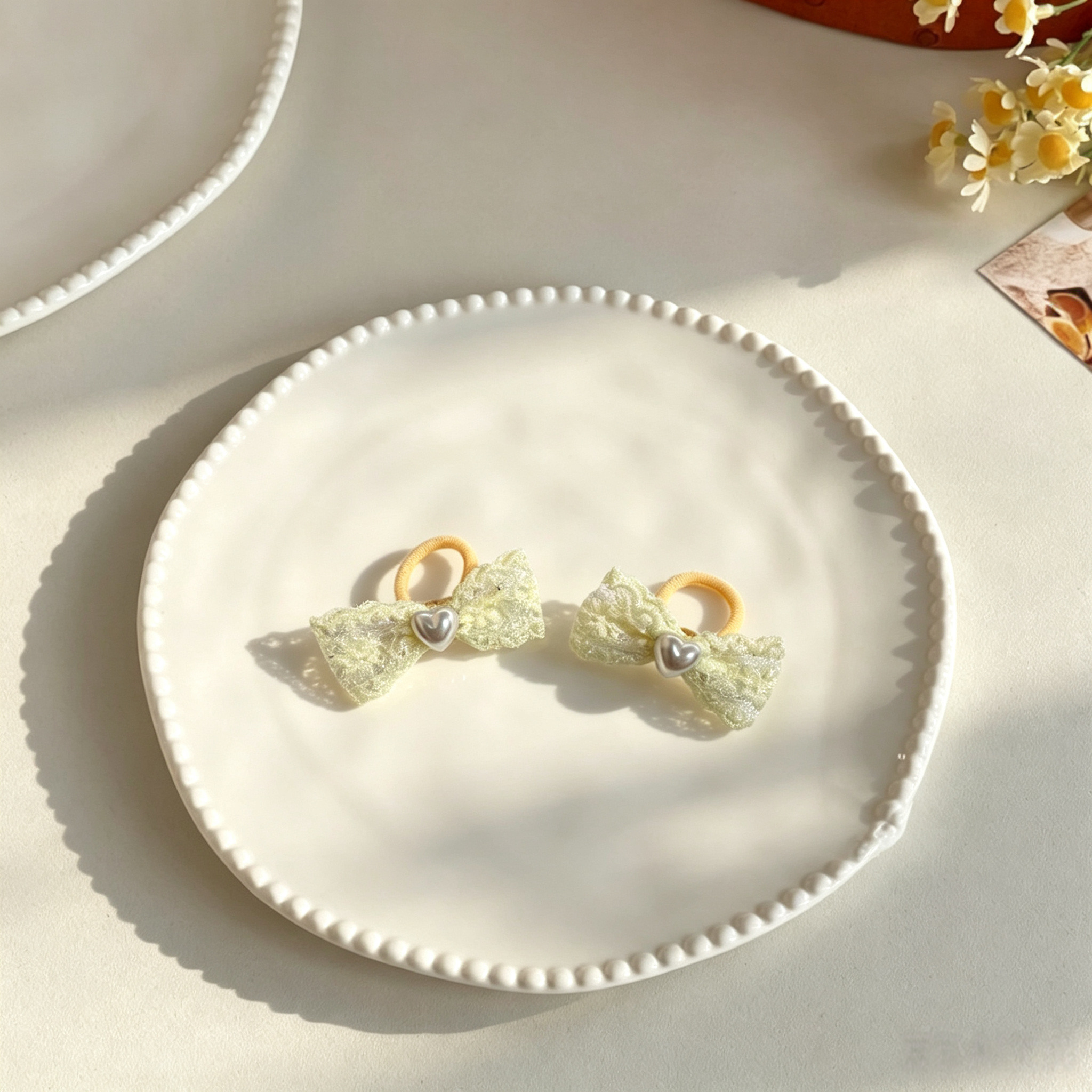 Cream White Bow Fabric Elastic Pet Hair Bands