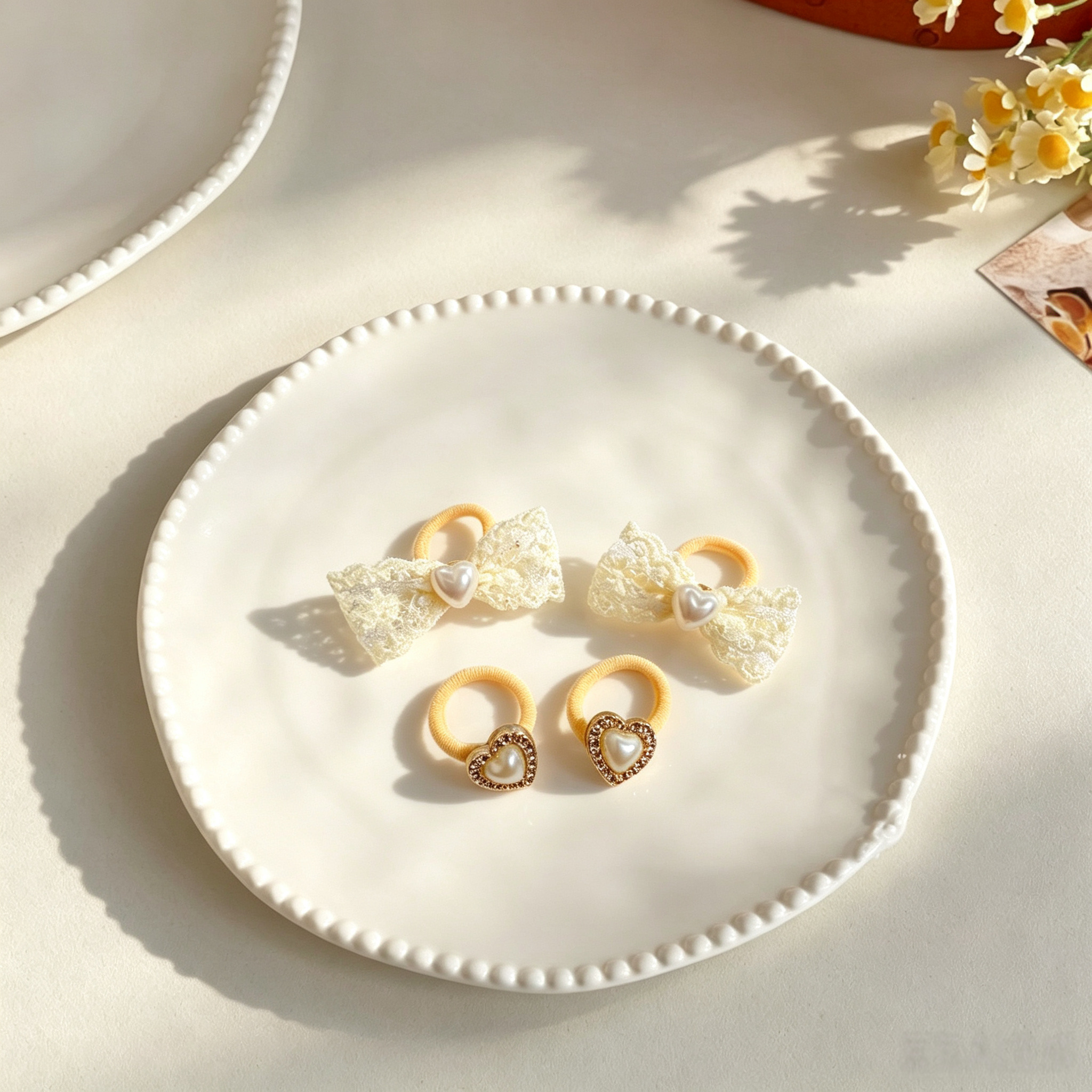 2pcs Cream White Fabric Elastic Pet Hair Bands