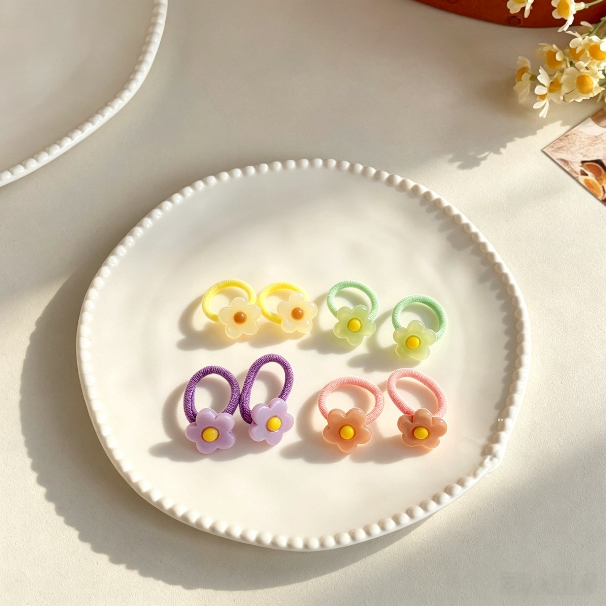4pairs Colorful Flower Fabric Elastic Pet Hair Bands