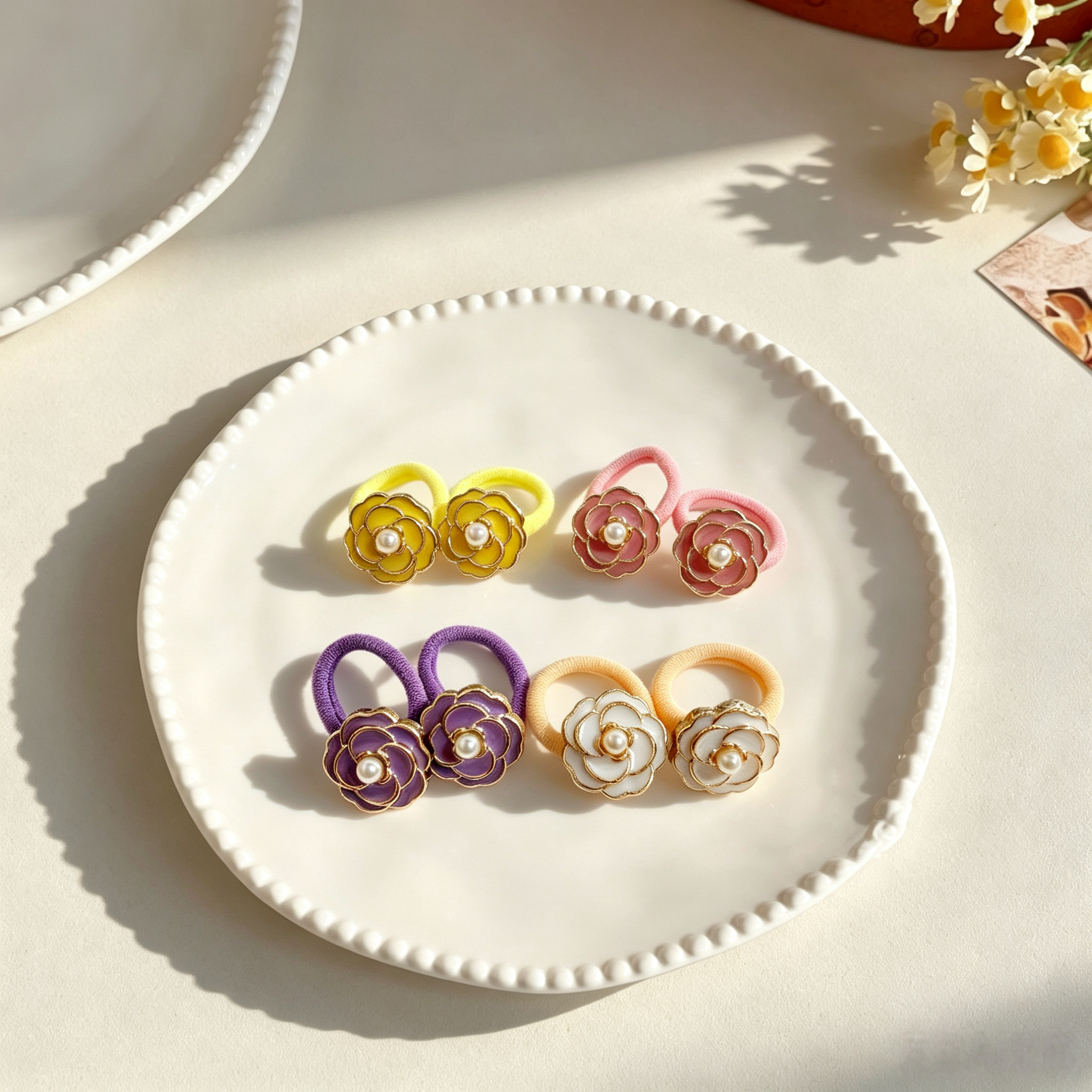 4pcs Camellia Fabric Bow Elastic Pet Hair Bands