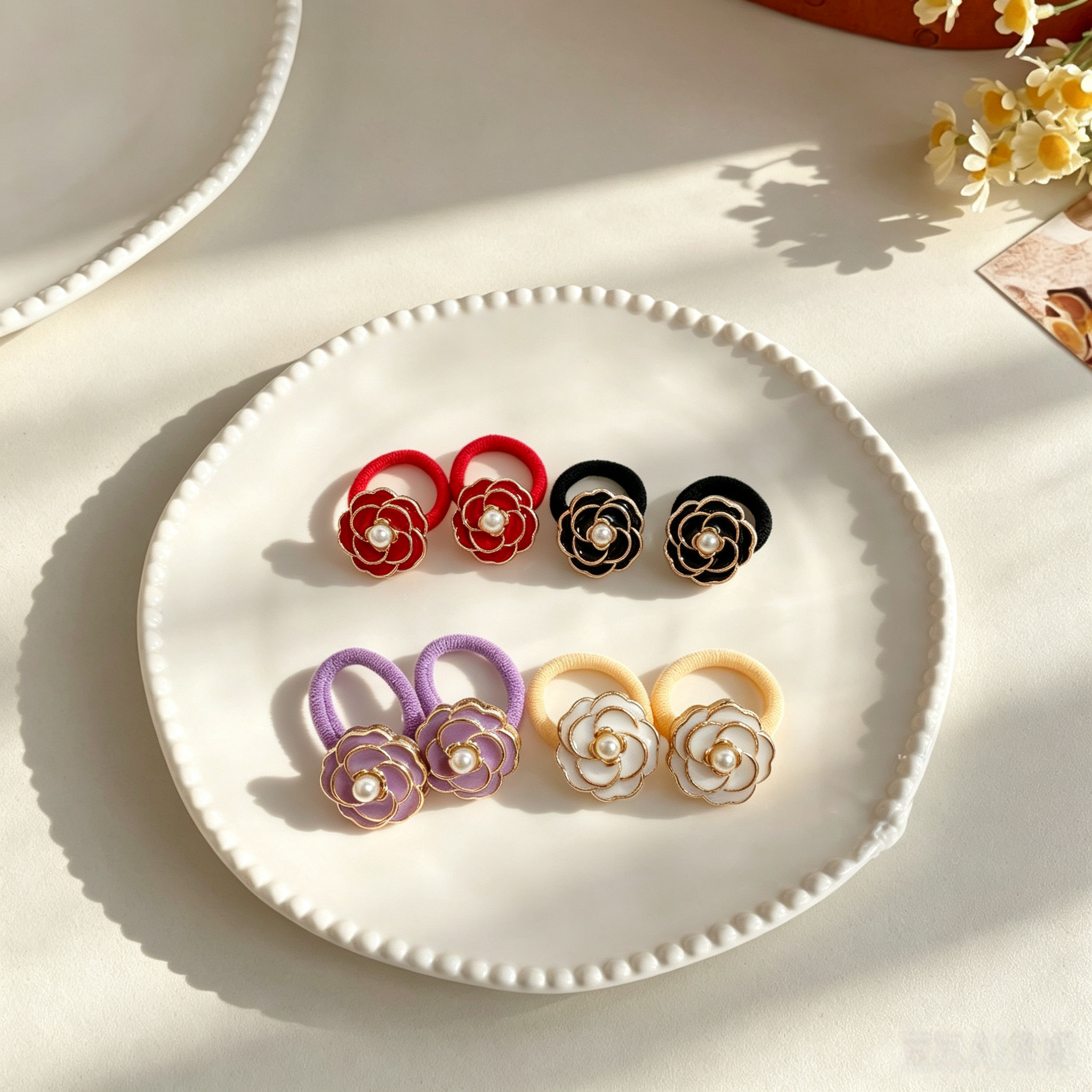 4pcs Camellia Fabric Bow Elastic Pet Hair Bands