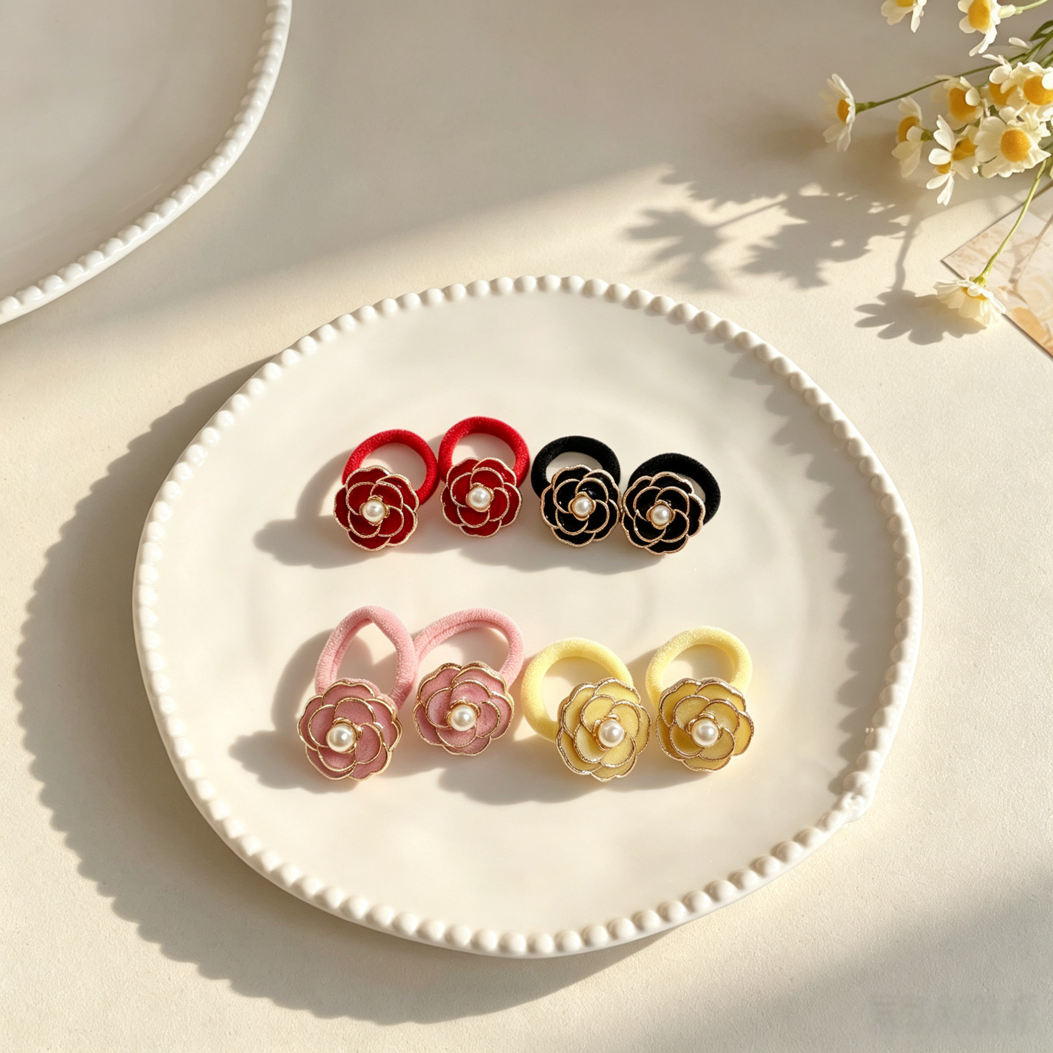 4pcs Camellia Fabric Bow Elastic Pet Hair Bands