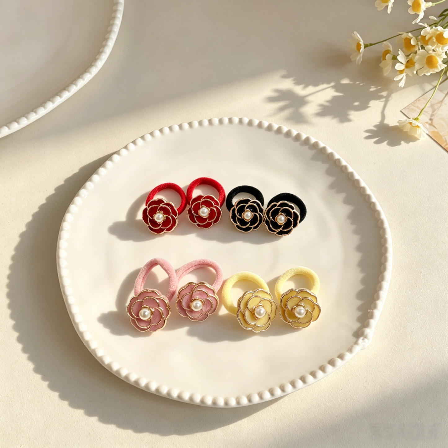 4pcs Camellia Fabric Bow Elastic Pet Hair Bands