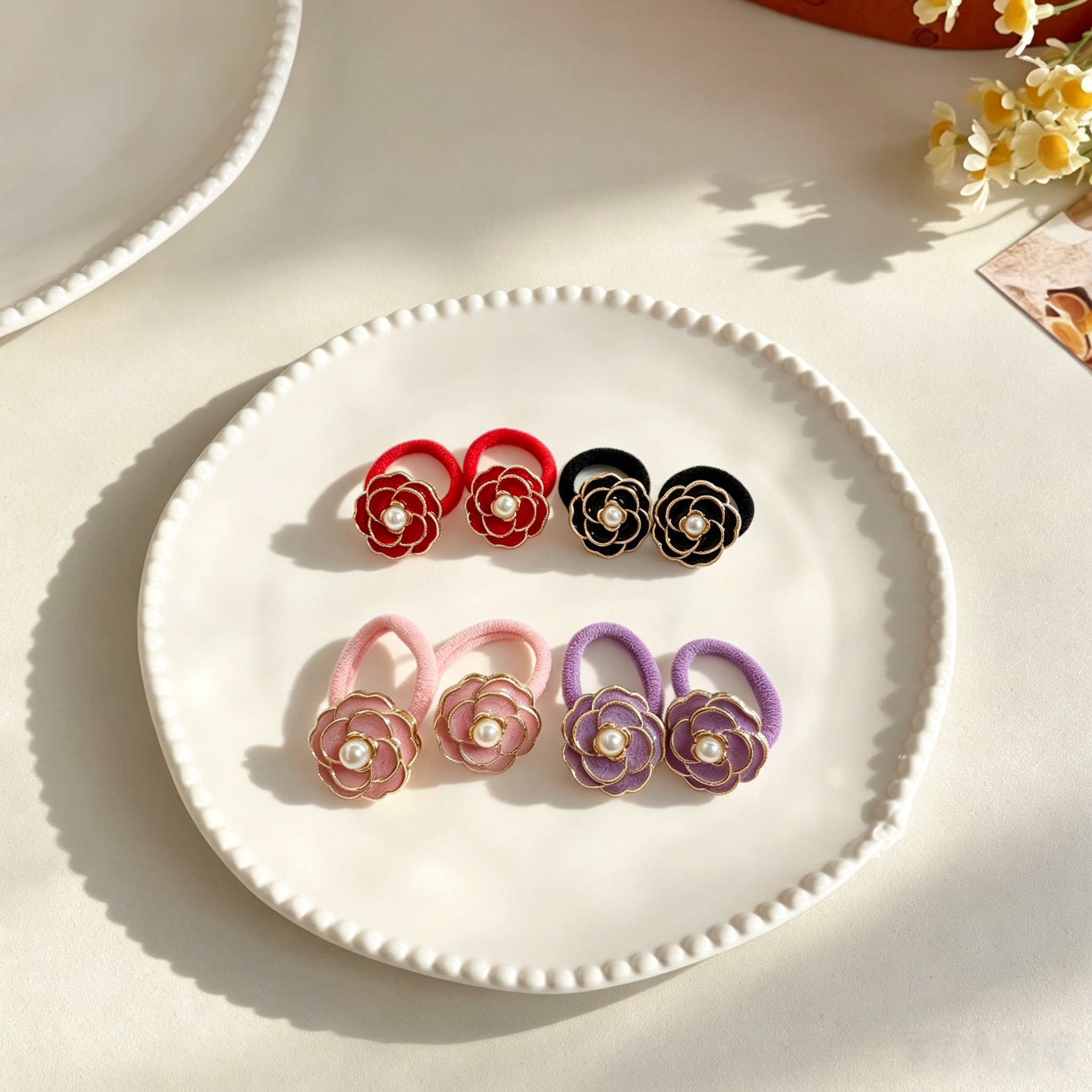 4pcs Camellia Fabric Bow Elastic Pet Hair Bands