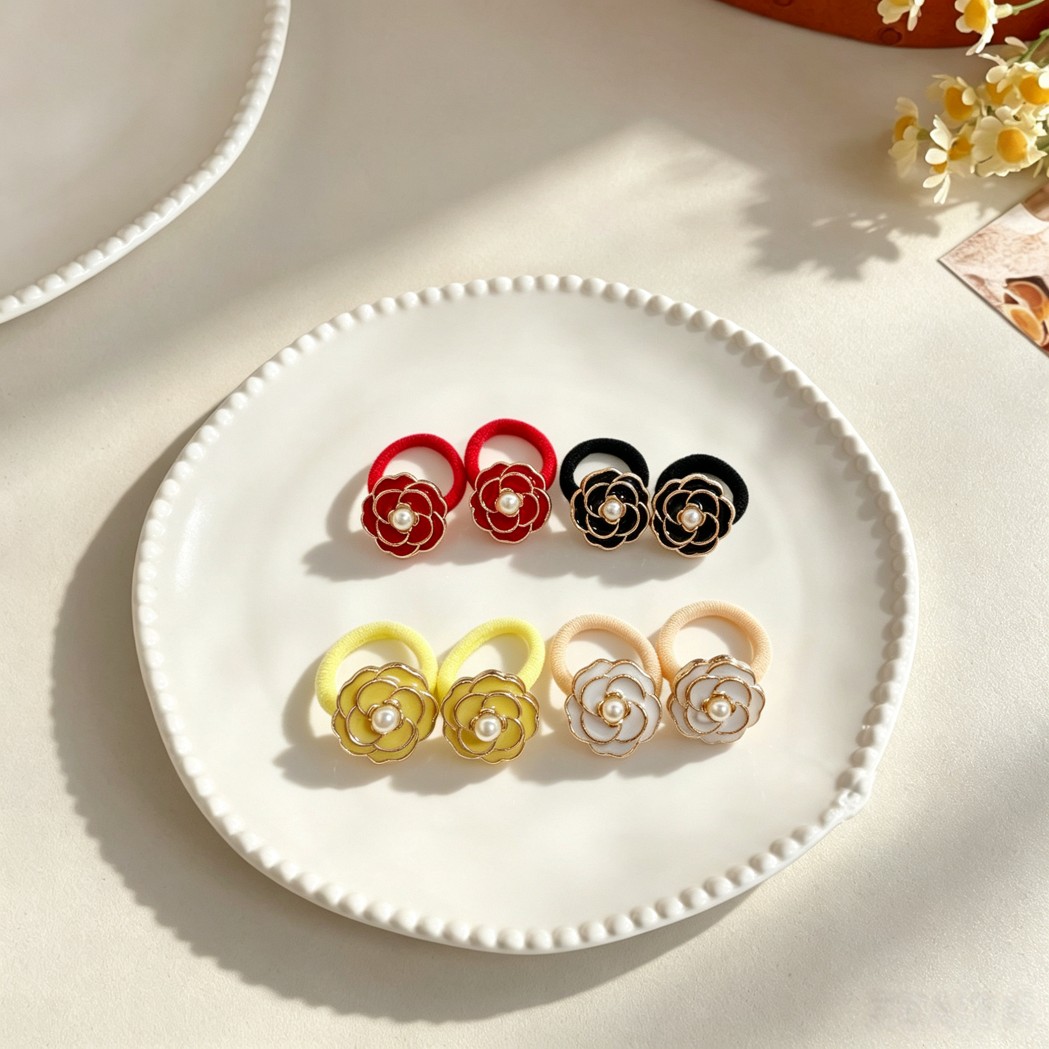 4pcs Camellia Fabric Bow Elastic Pet Hair Bands