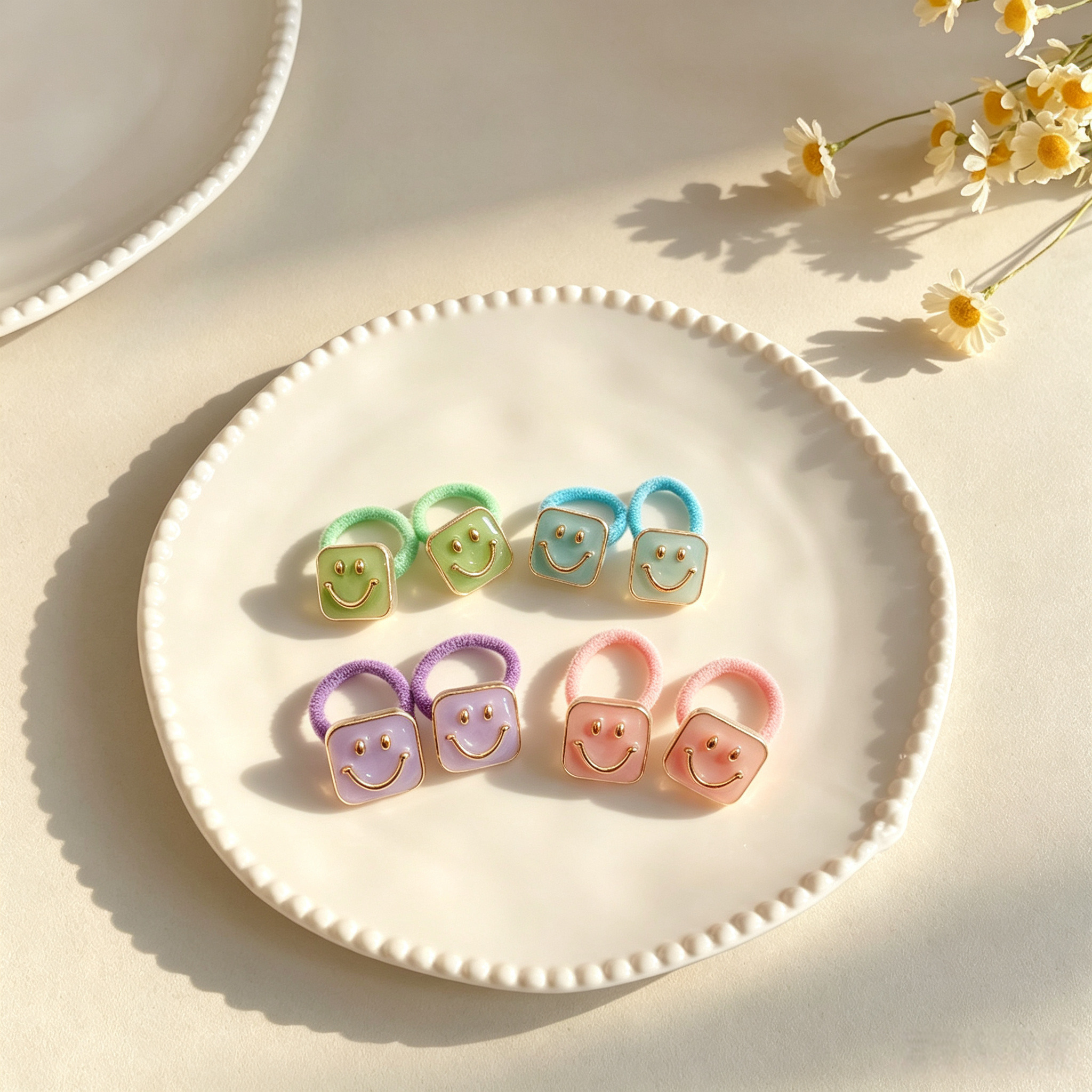 4pcs Smile Face Fabric Bow Elastic Pet Hair Bands
