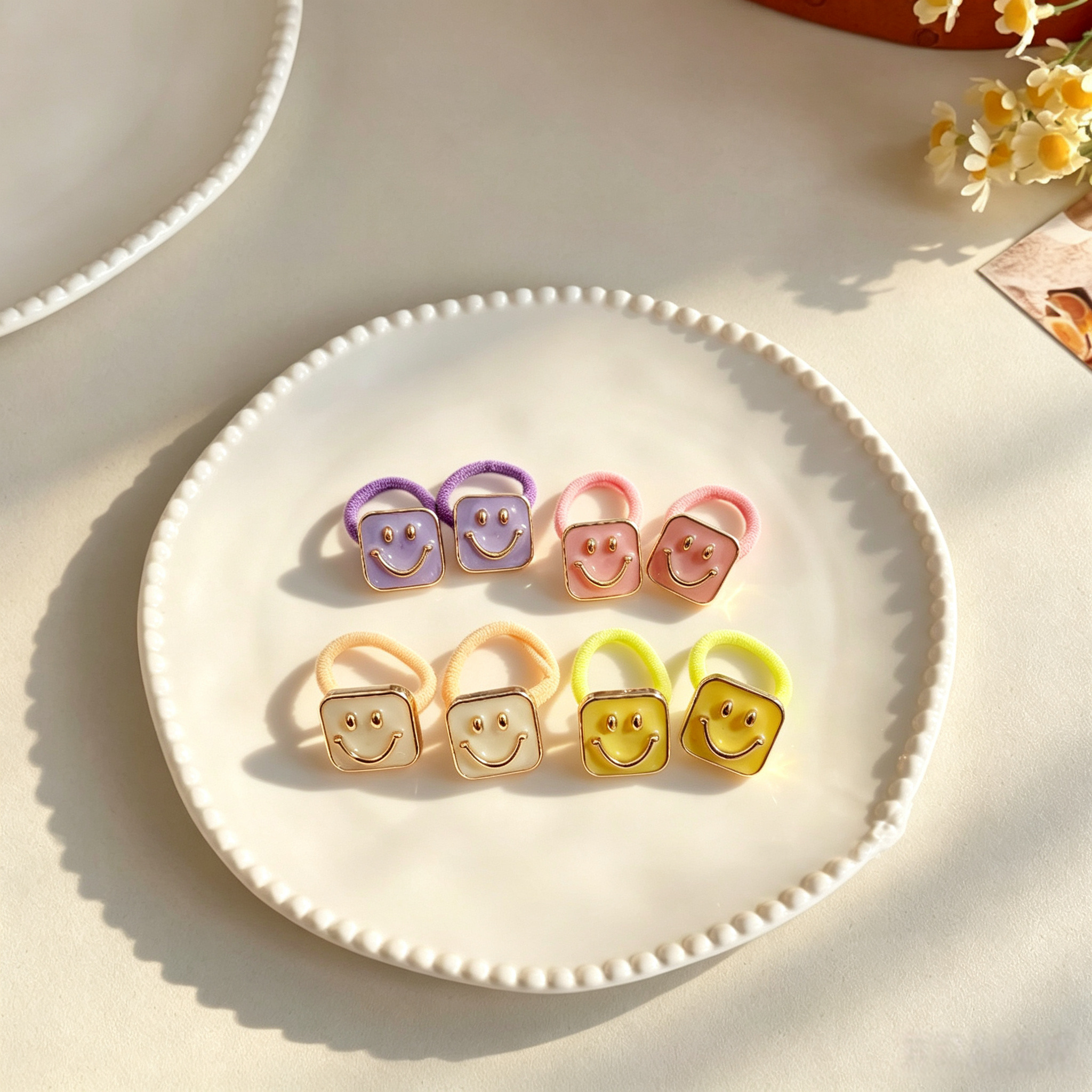 4pcs Smile Face Fabric Bow Elastic Pet Hair Bands