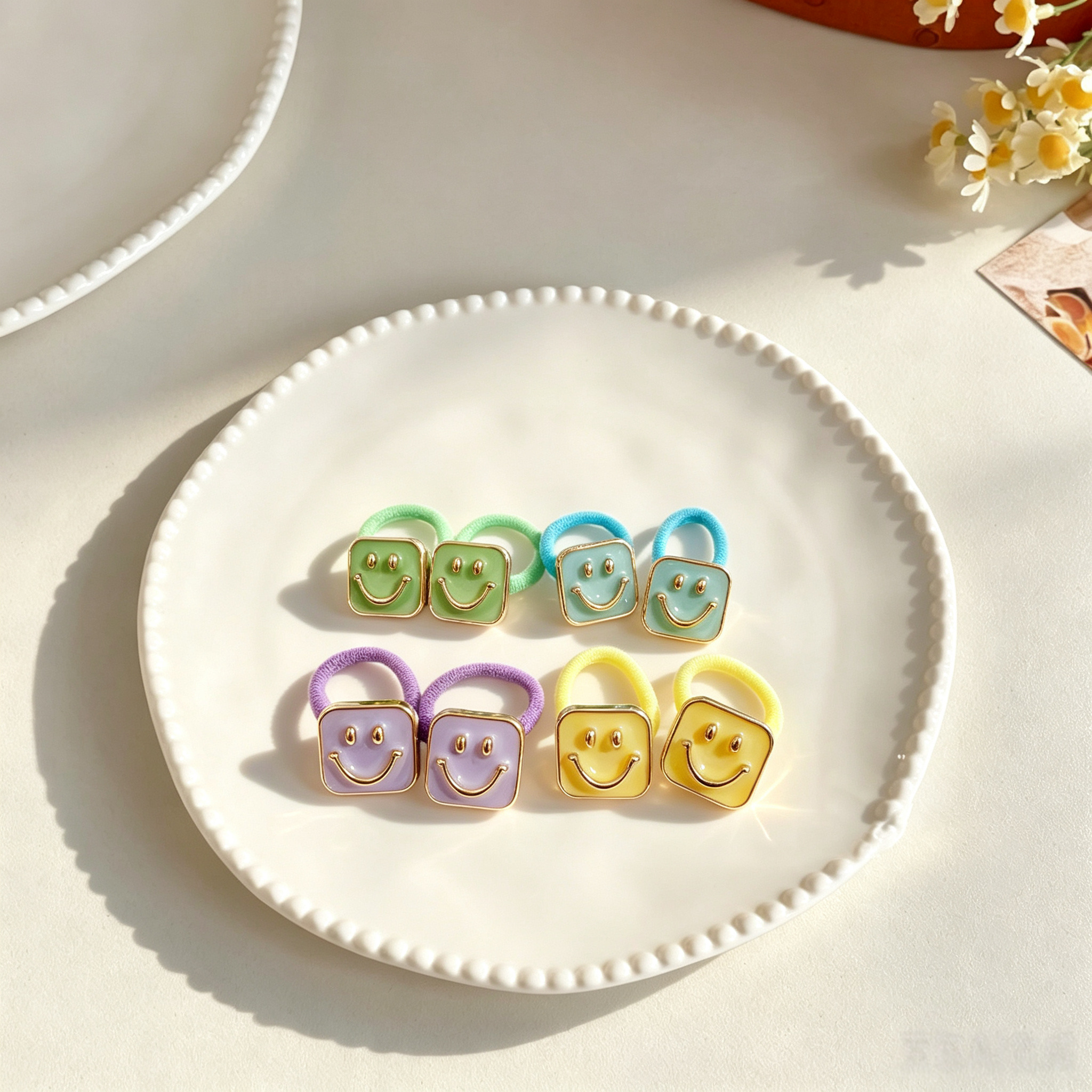 4pcs Smile Face Fabric Bow Elastic Pet Hair Bands