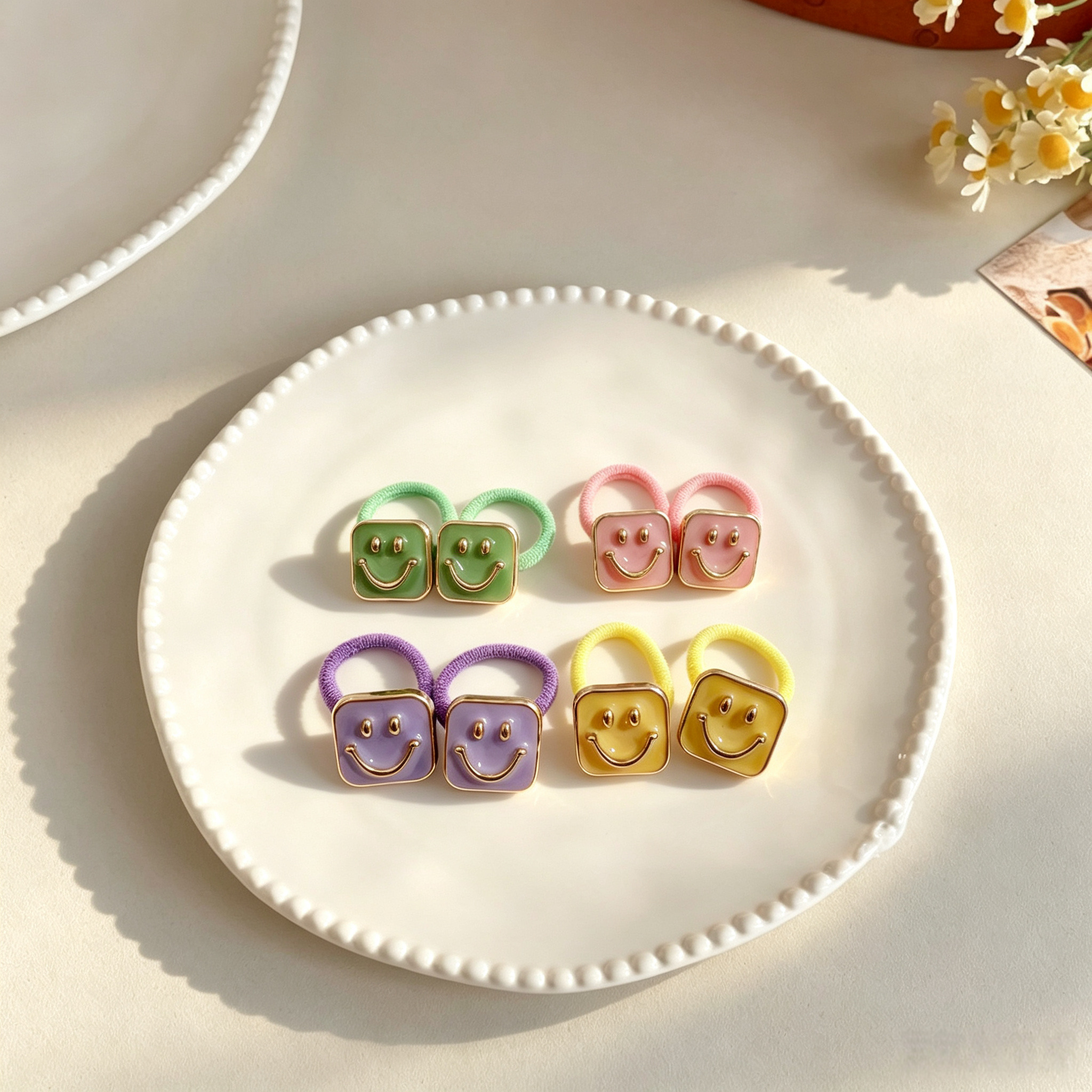 4pcs Smile Face Fabric Bow Elastic Pet Hair Bands