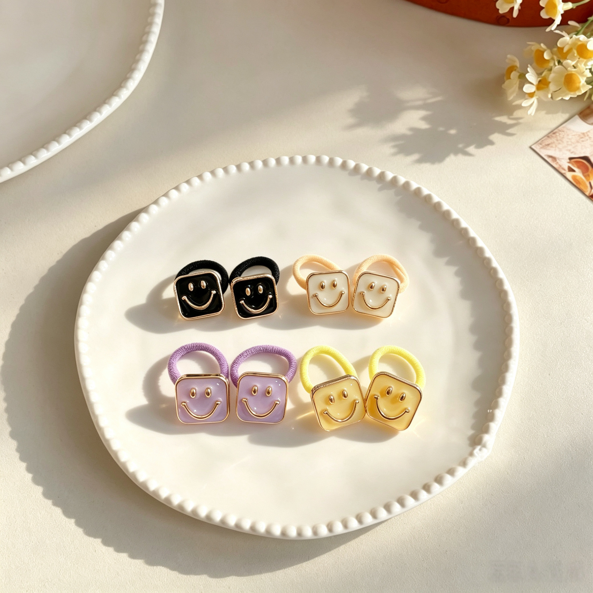 4pcs Smile Face Fabric Bow Elastic Pet Hair Bands