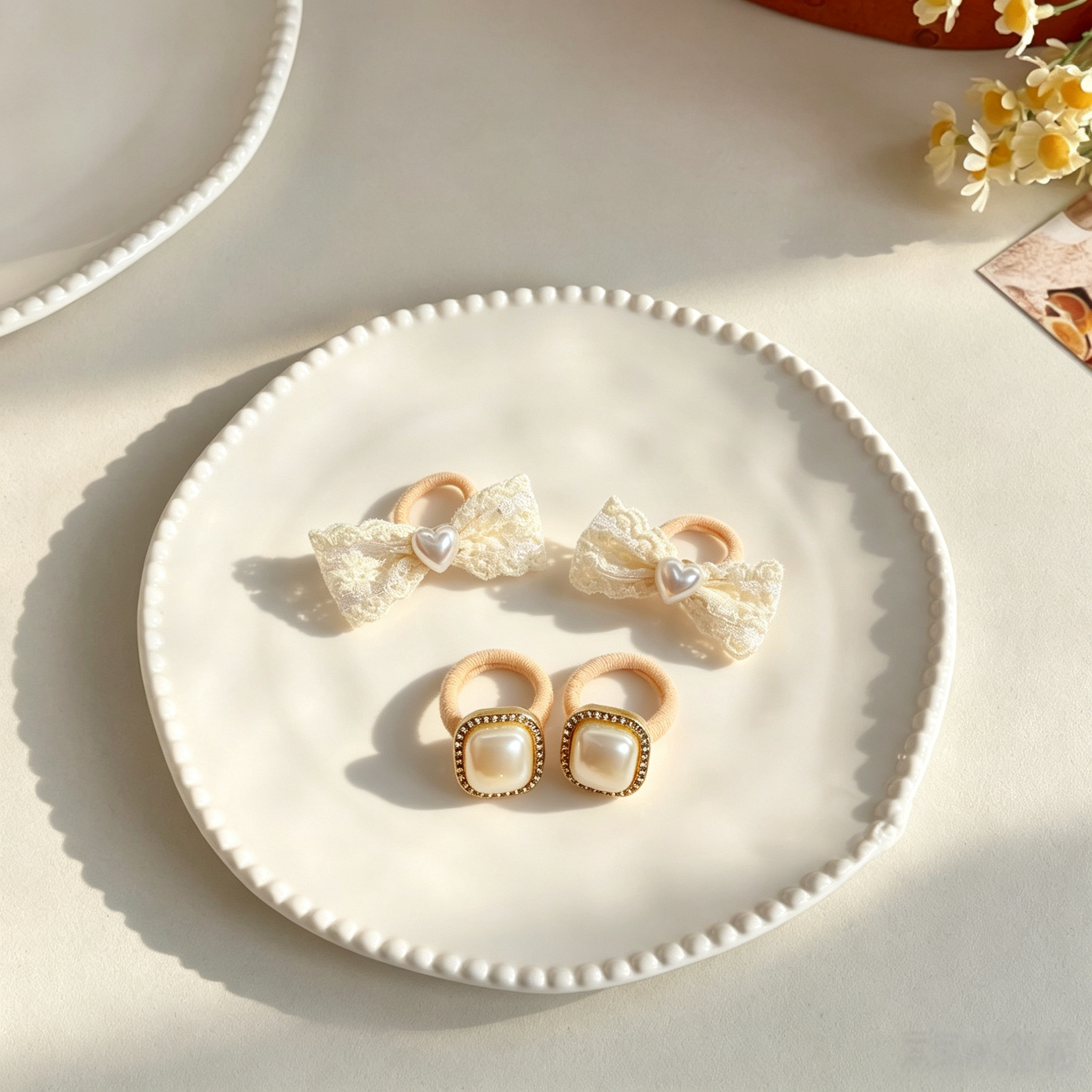 2pcs Cream White Fabric Elastic Pet Hair Bands