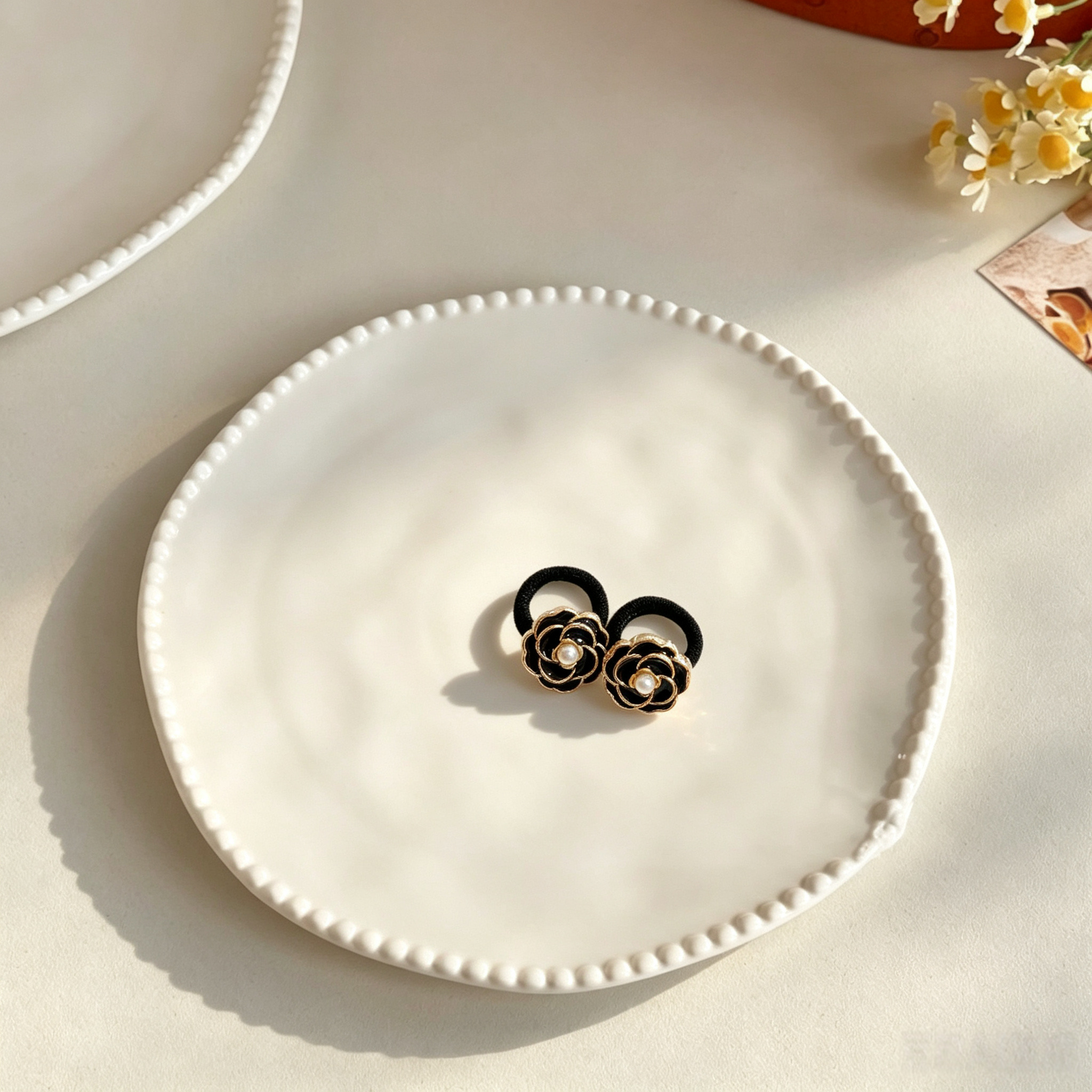 Classic Black Camellia Fabric Elastic Pet Hair Bands