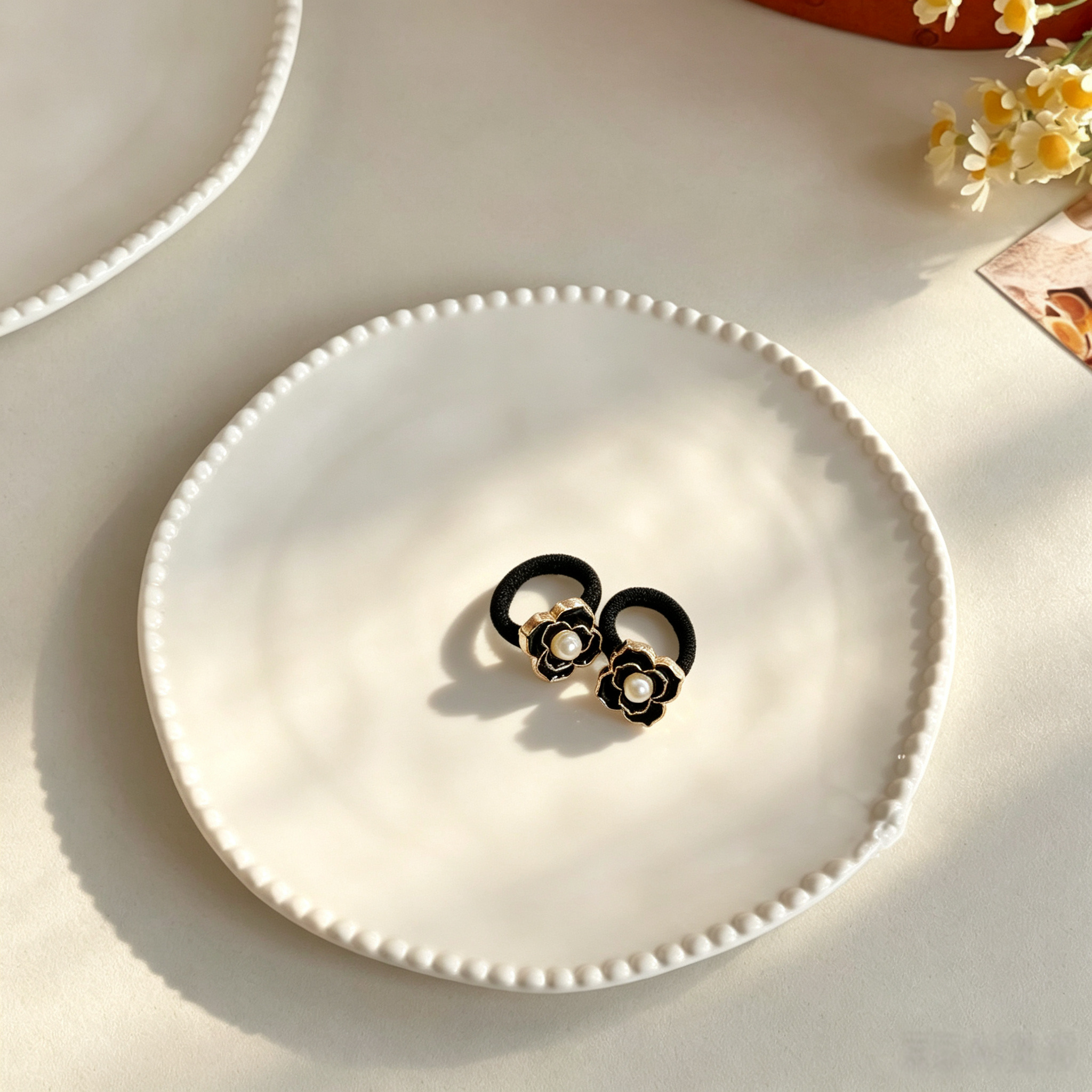 Classic Black Flower Pearl Fabric Elastic Pet Hair Bands
