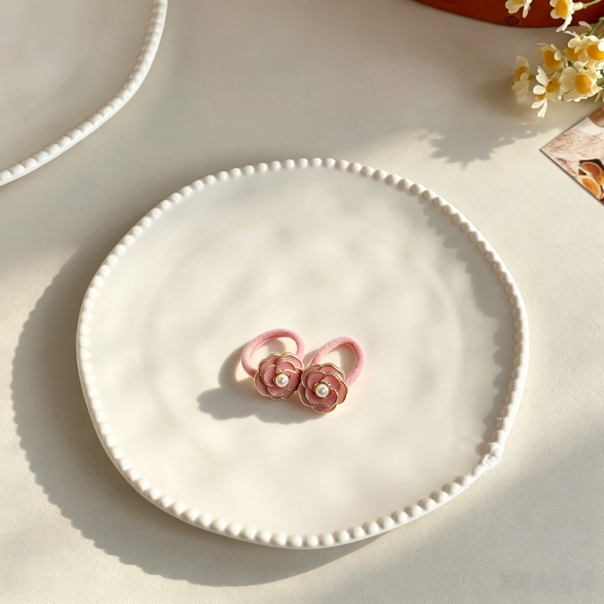 Pink Camellia Fabric Elastic Pet Hair Bands