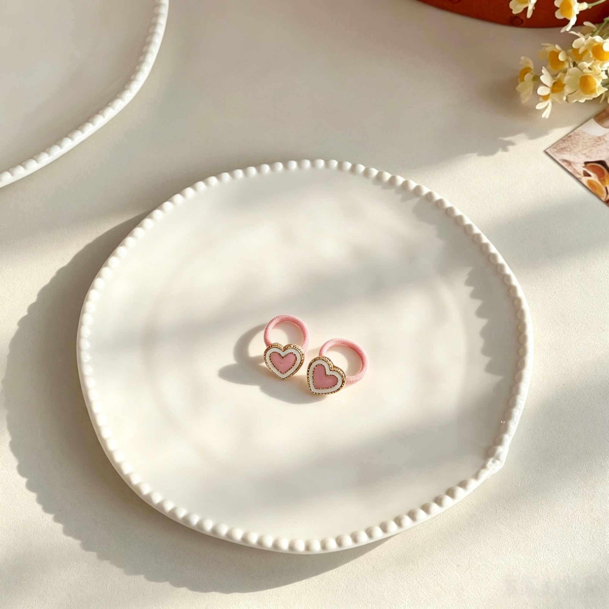 Pink Resin Heart Fabric Elastic Pet Hair Bands