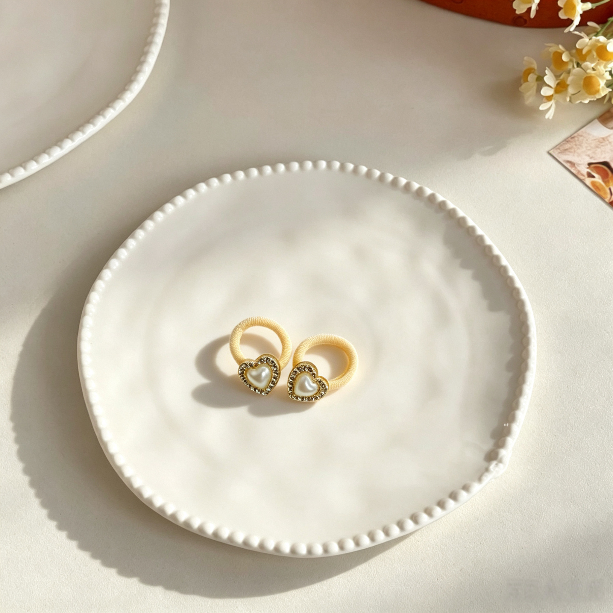 Cream White Pearl Heart Fabric Elastic Pet Hair Bands