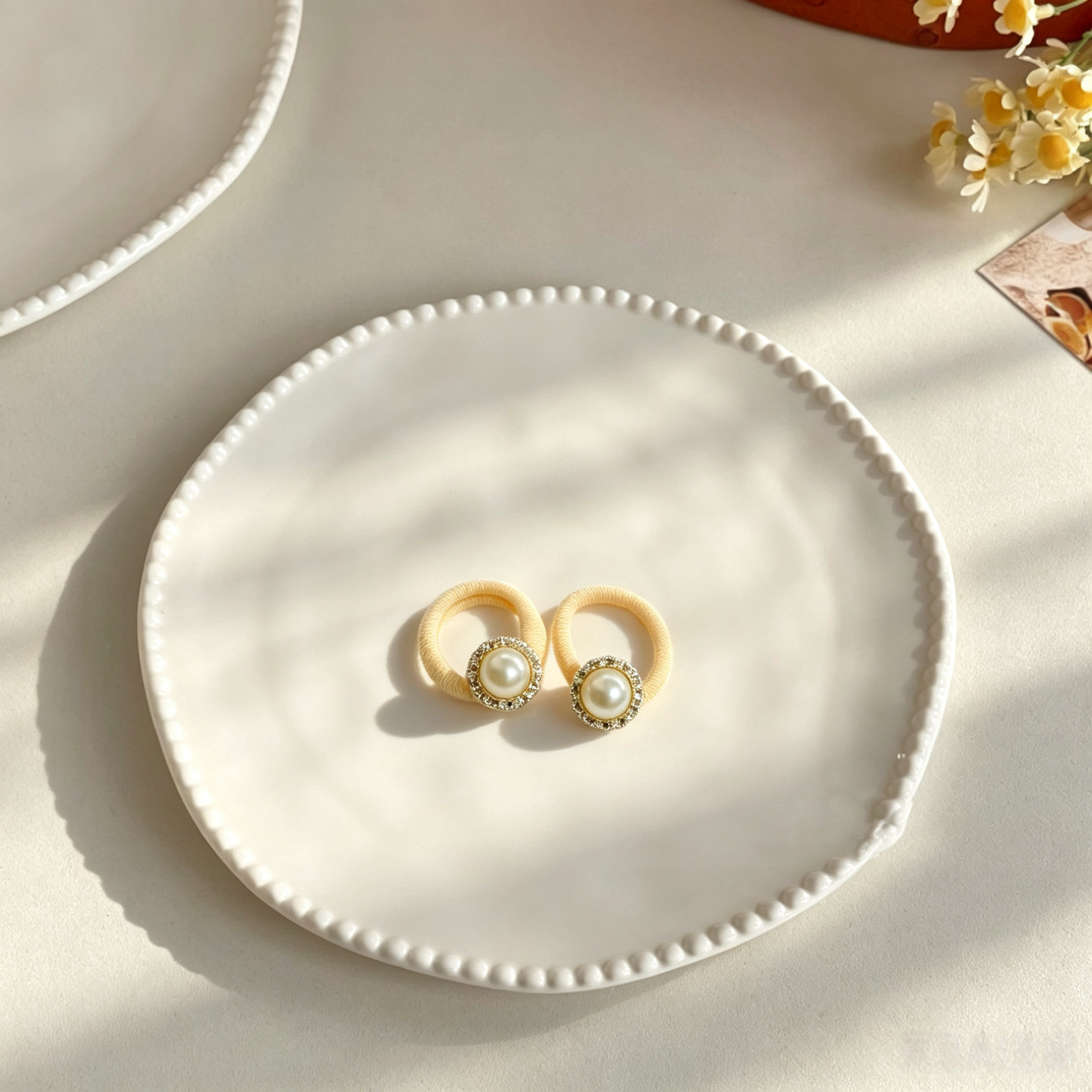 Cream White Round Pearl Fabric Elastic Pet Hair Bands