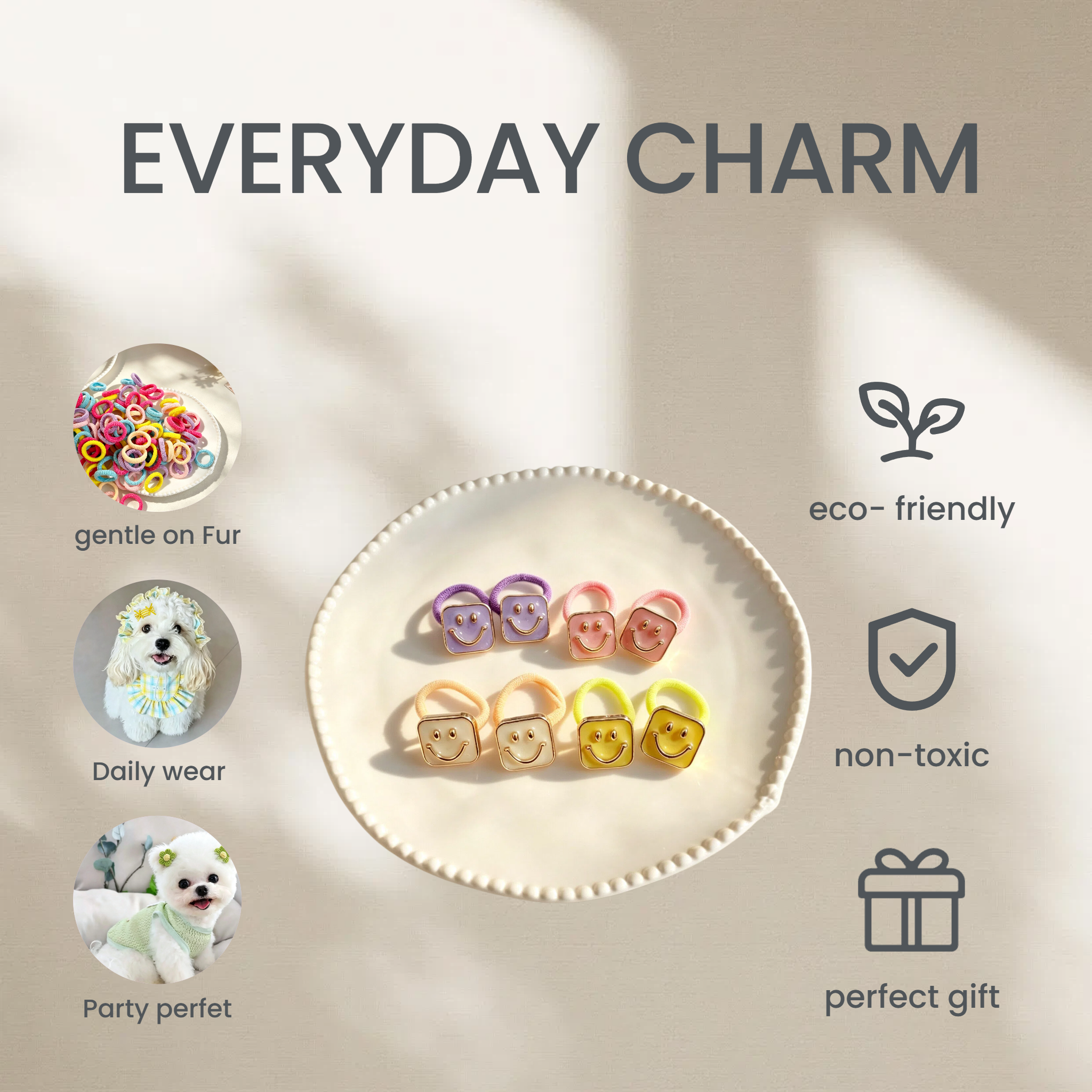 4pcs Smile Face Fabric Bow Elastic Pet Hair Bands