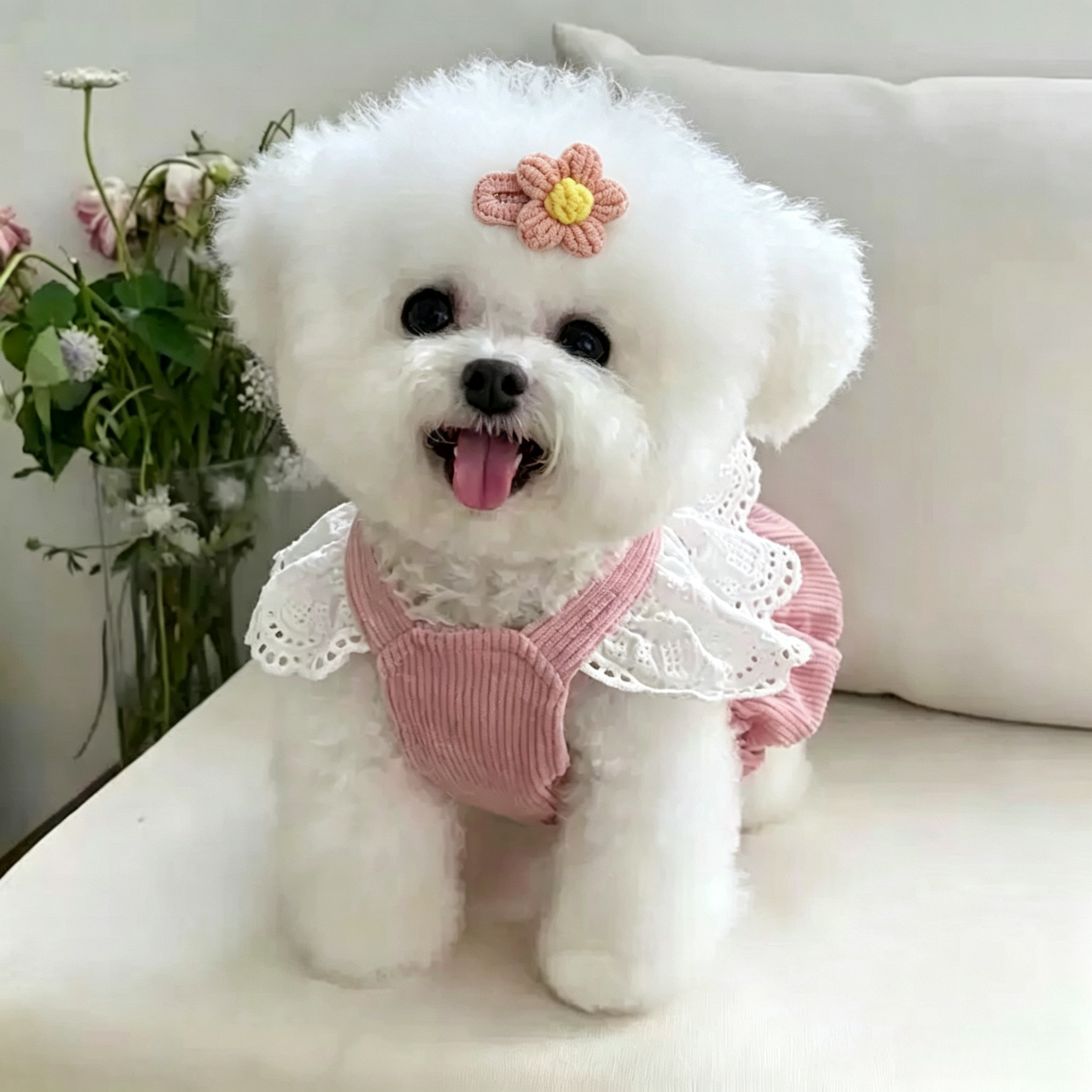 2pcs Pink Flower Hand Crochet Flower Yarn Mini Pet Hair Clips
