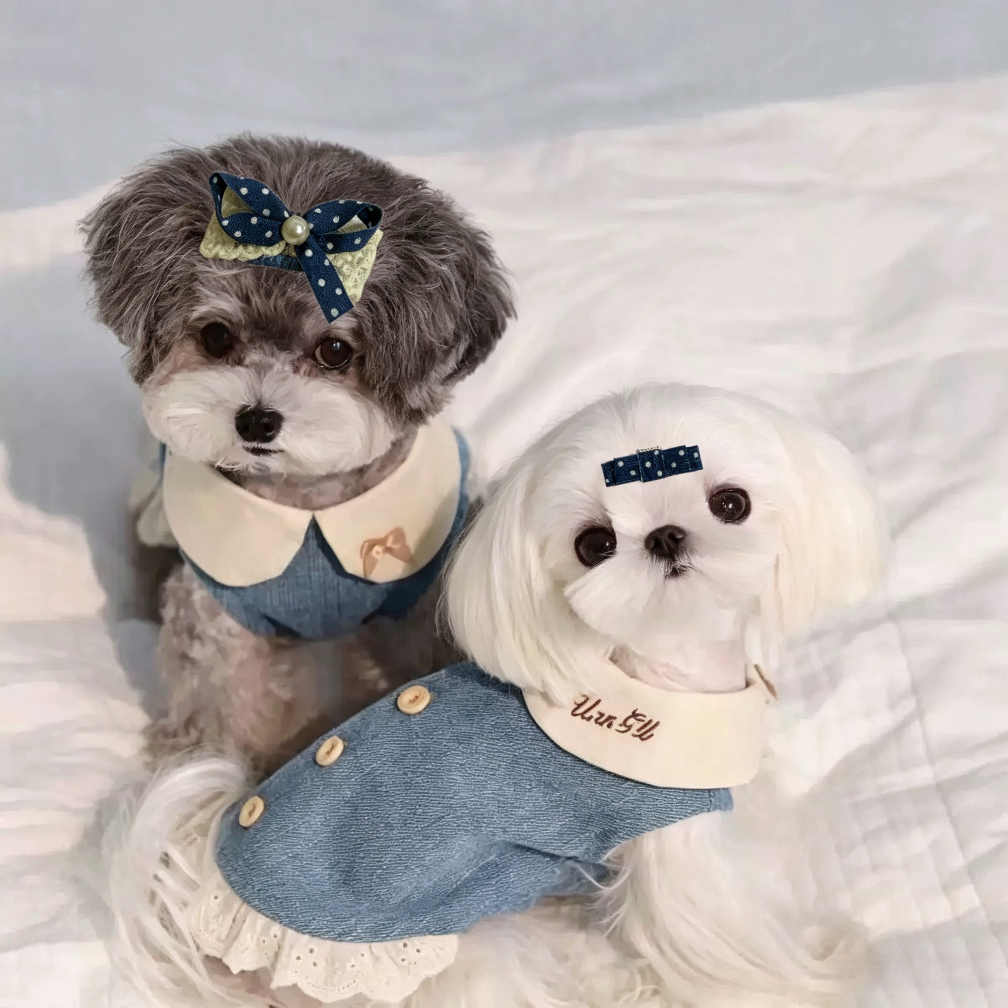 Navy Blue Gingham Plaid Bow Pet Hair Clips